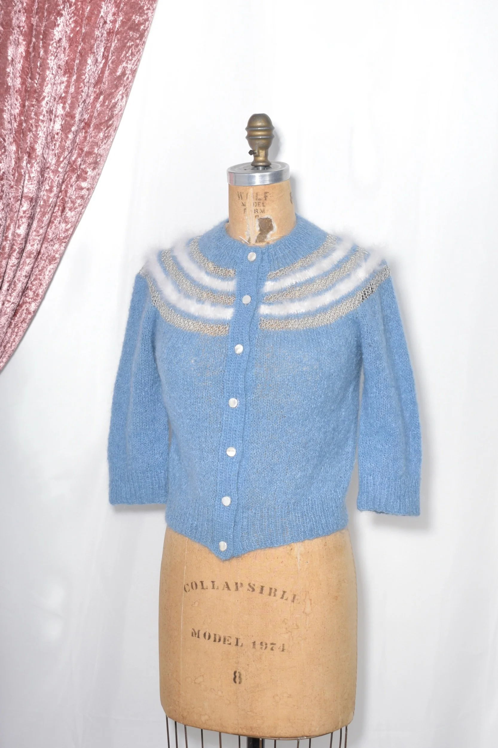 vintage 1950s blue wool cardigan with metallic and angora trim