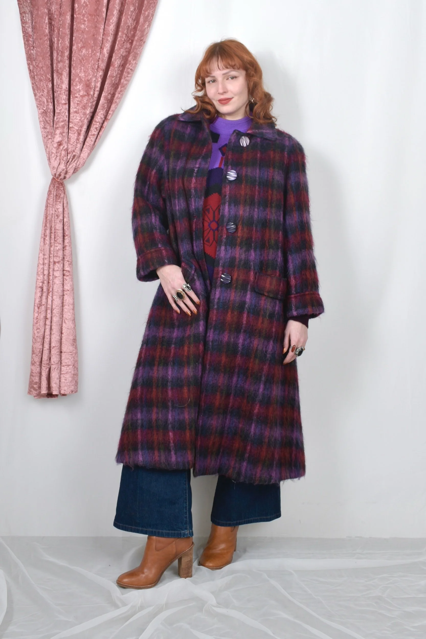 vintage 1980s purple plaid mohair coat by Paul Levy