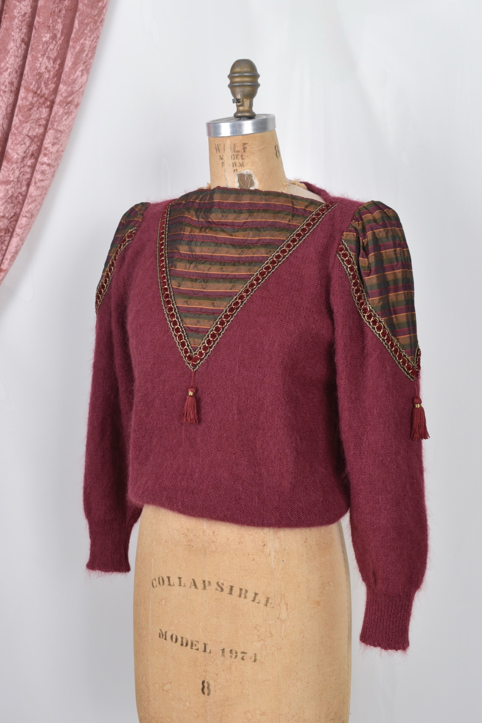 1980s margaretha ley escada burgundy mohair sweater with silk and tassels