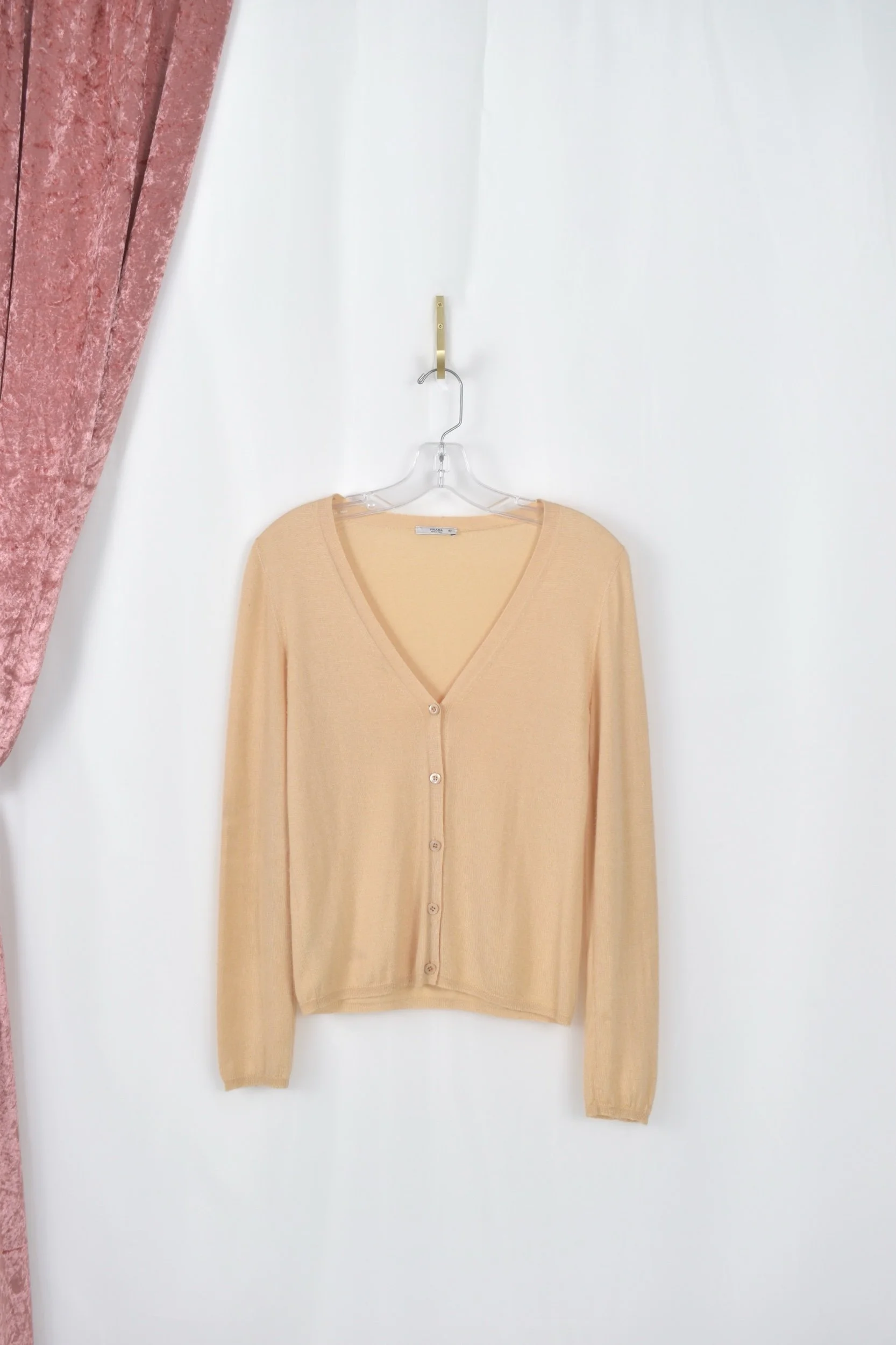 vintage 1990s 90s Prada tan cashmere silk tissue knit cardigan sweater