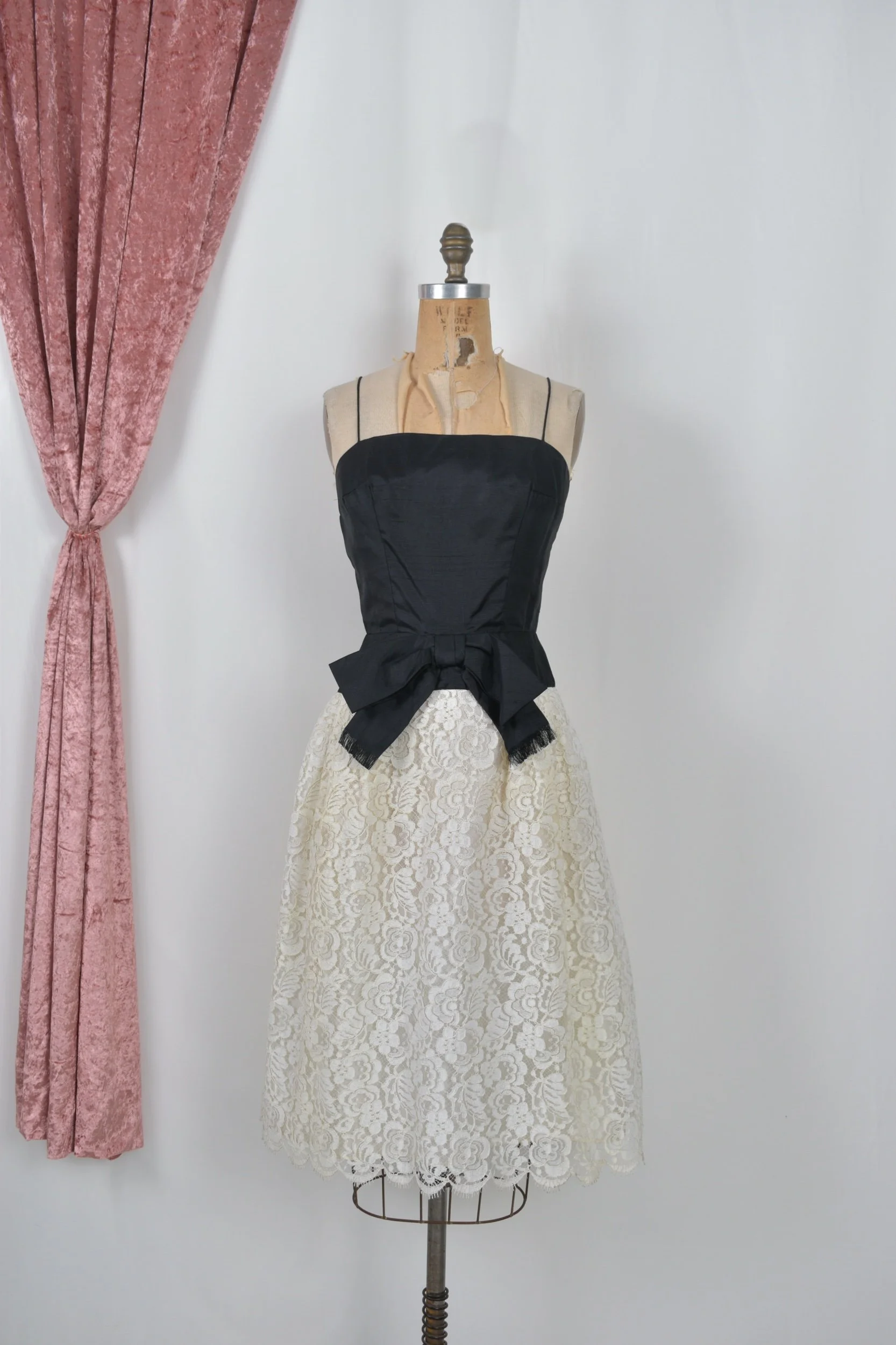 vintage 1960s 60s black silk and white lace party dress