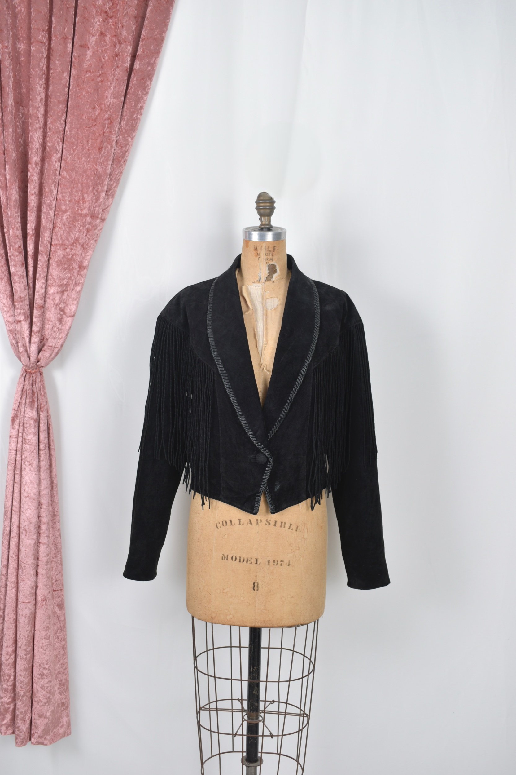 vintage 1990s 90s black suede cropped fringe western jacket
