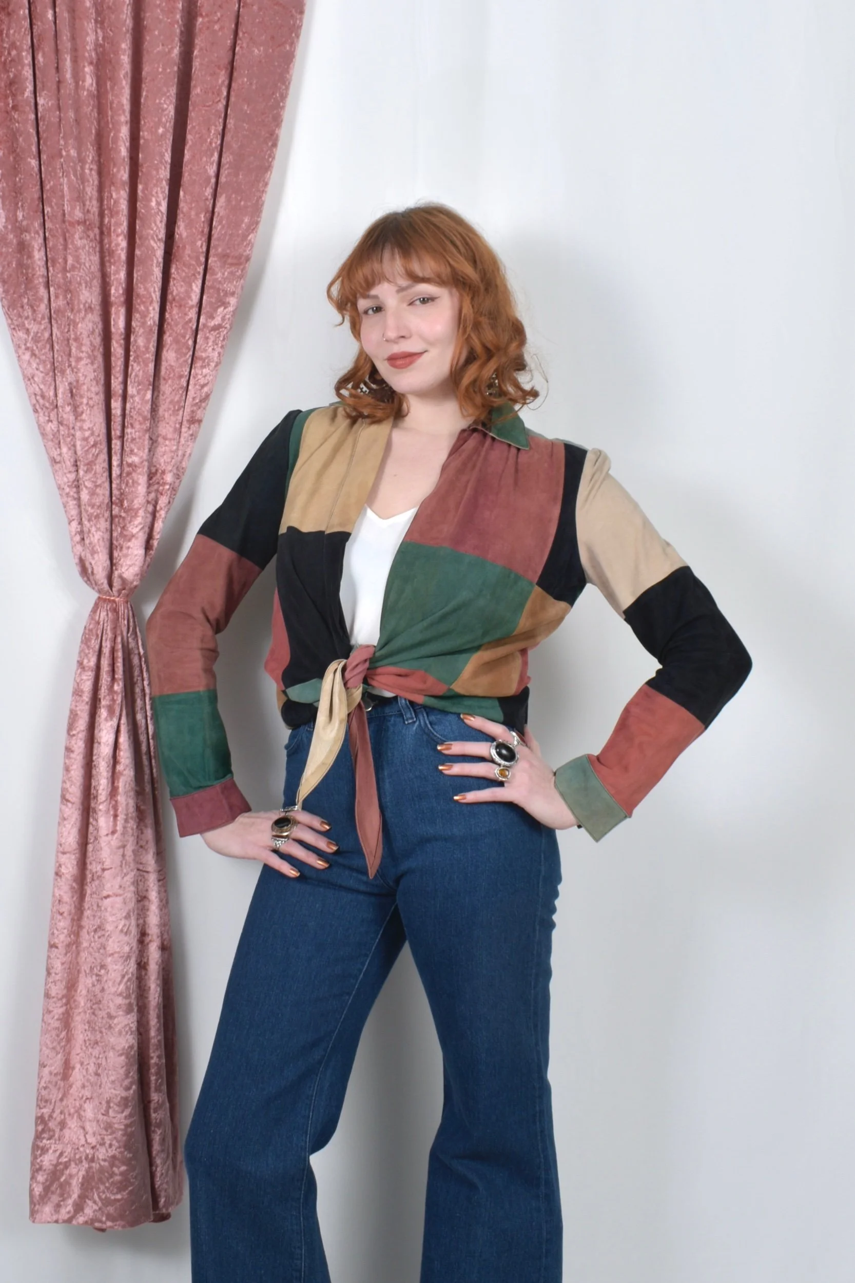 1970s judith ann patchwork suede tie waist top
