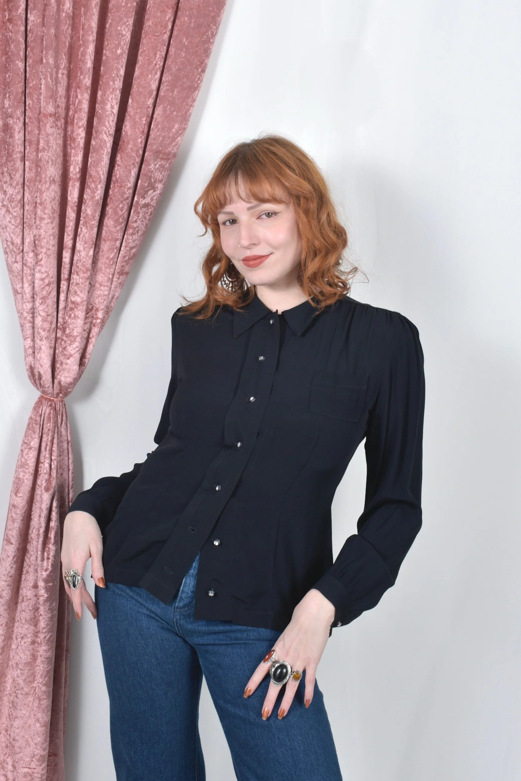 vintage 1990s 90s betsey johnson black rayon crepe button up blouse with rhinestone buttons