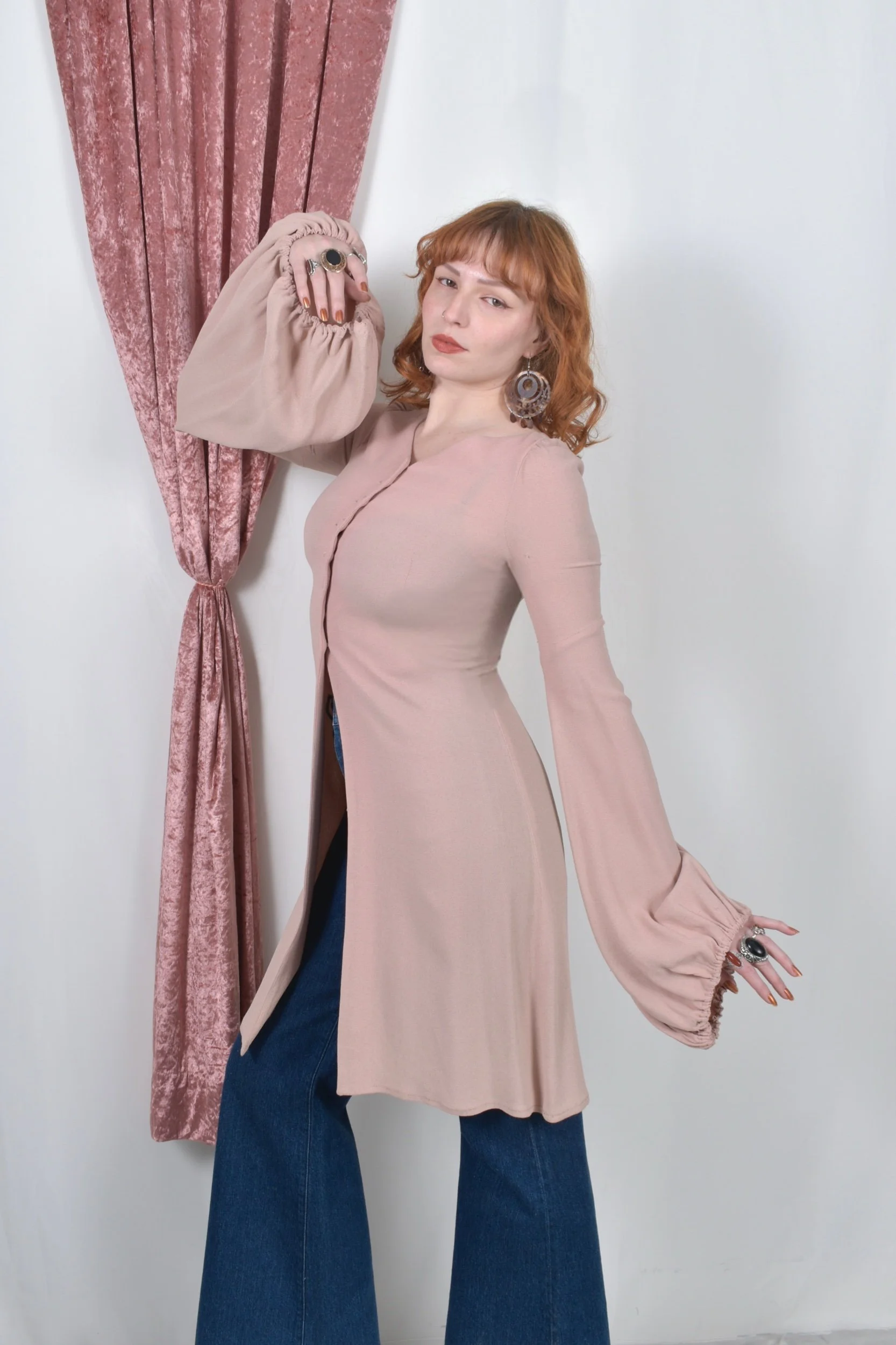 1970s Biba mauve rose pink balloon sleeve tunic top mini dress