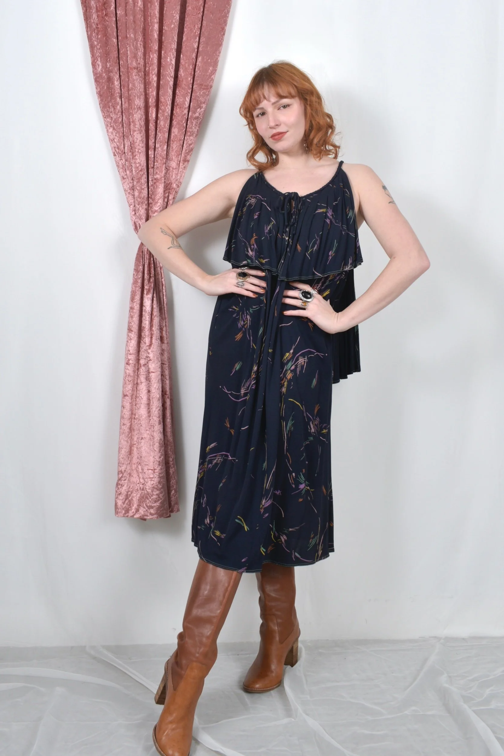 1970s Jean Muir printed jersey dress with cape back