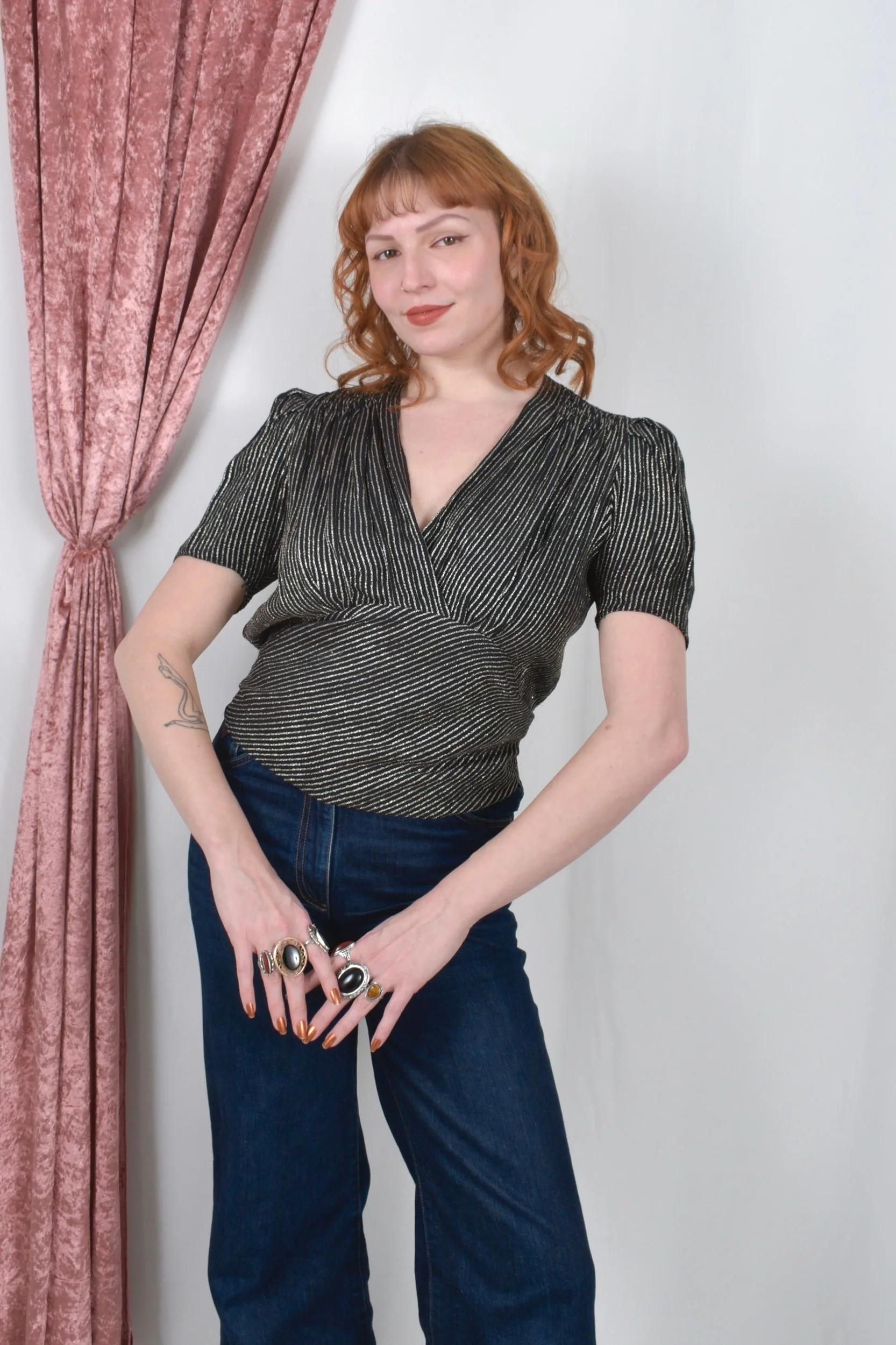 1930s black metallic lame pinkstripe wrap top blouse