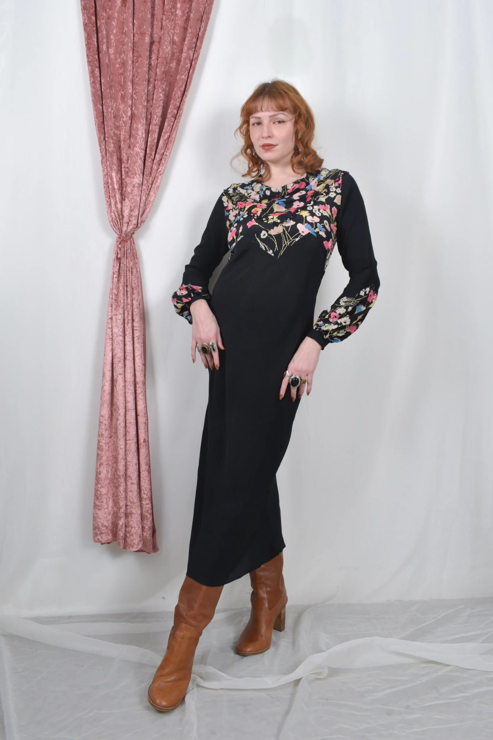 1930s dark floral print silk and rayon bishop sleeve dress