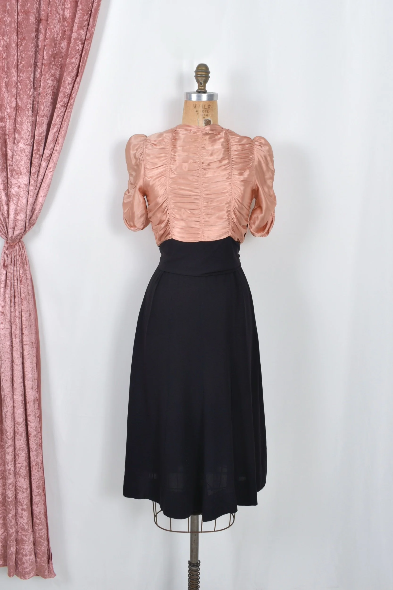 1930s pink satin and black rayon dress