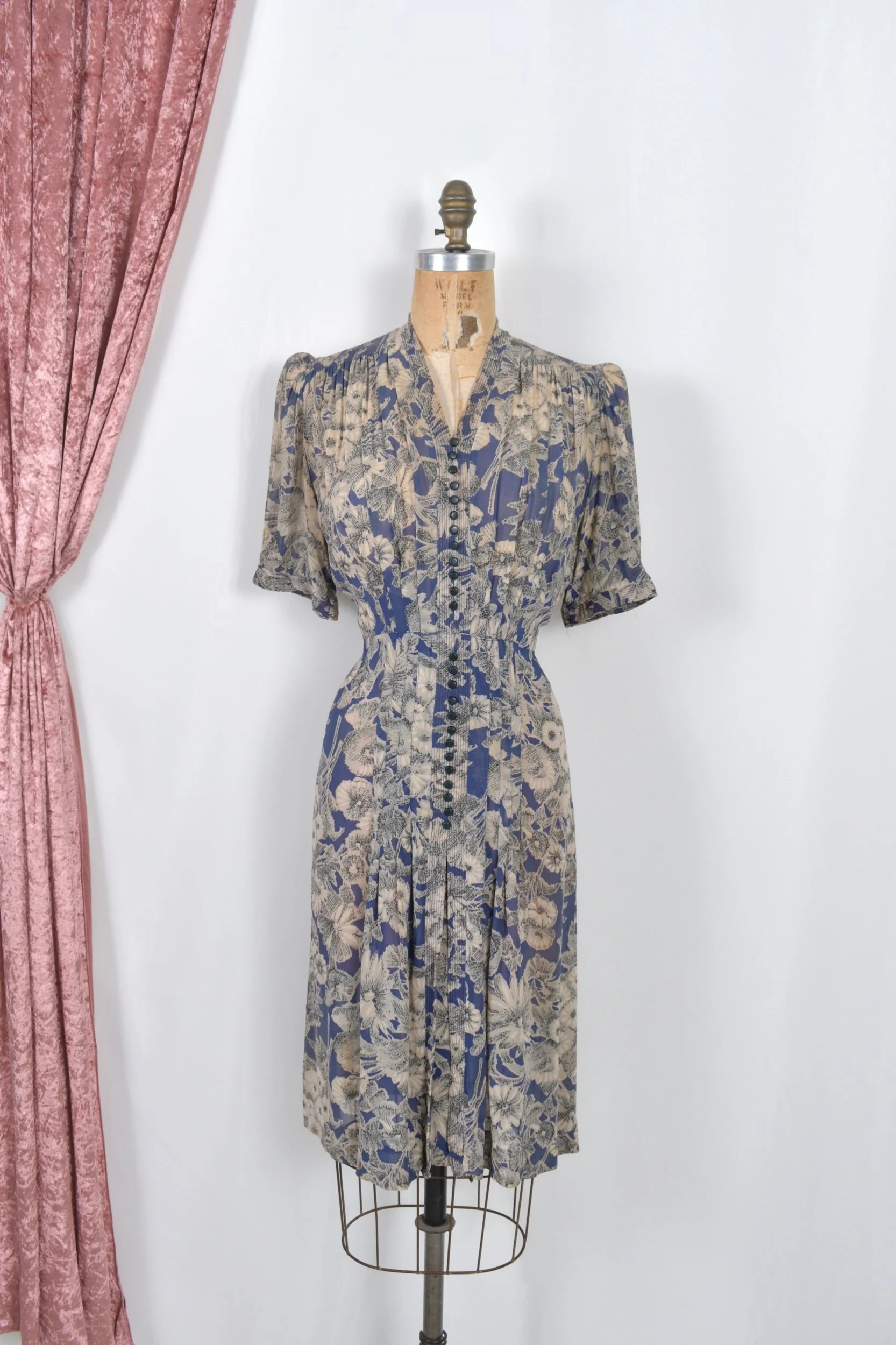 1940s blue and white floral rayon chiffon dress