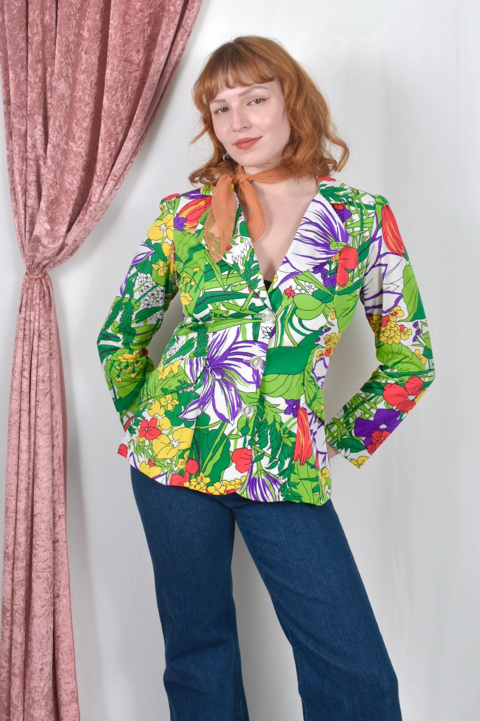 1970s bright colorful floral print blazer jacket