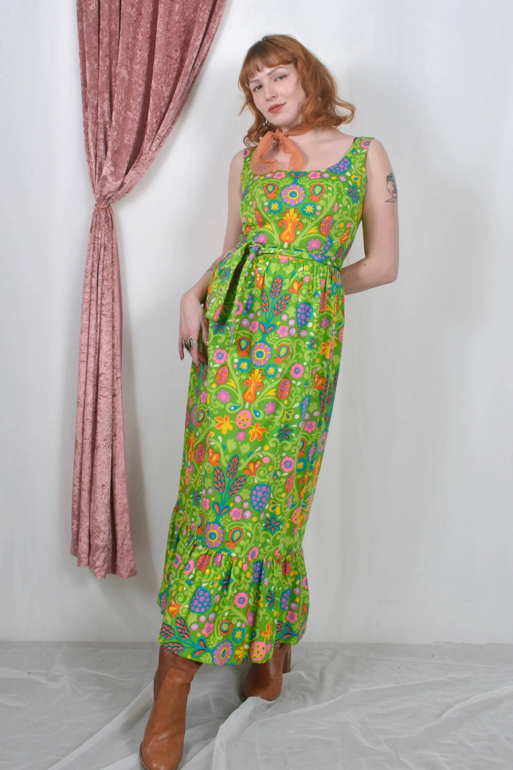 1970s lanz originals bright green psychedelic print maxi dress