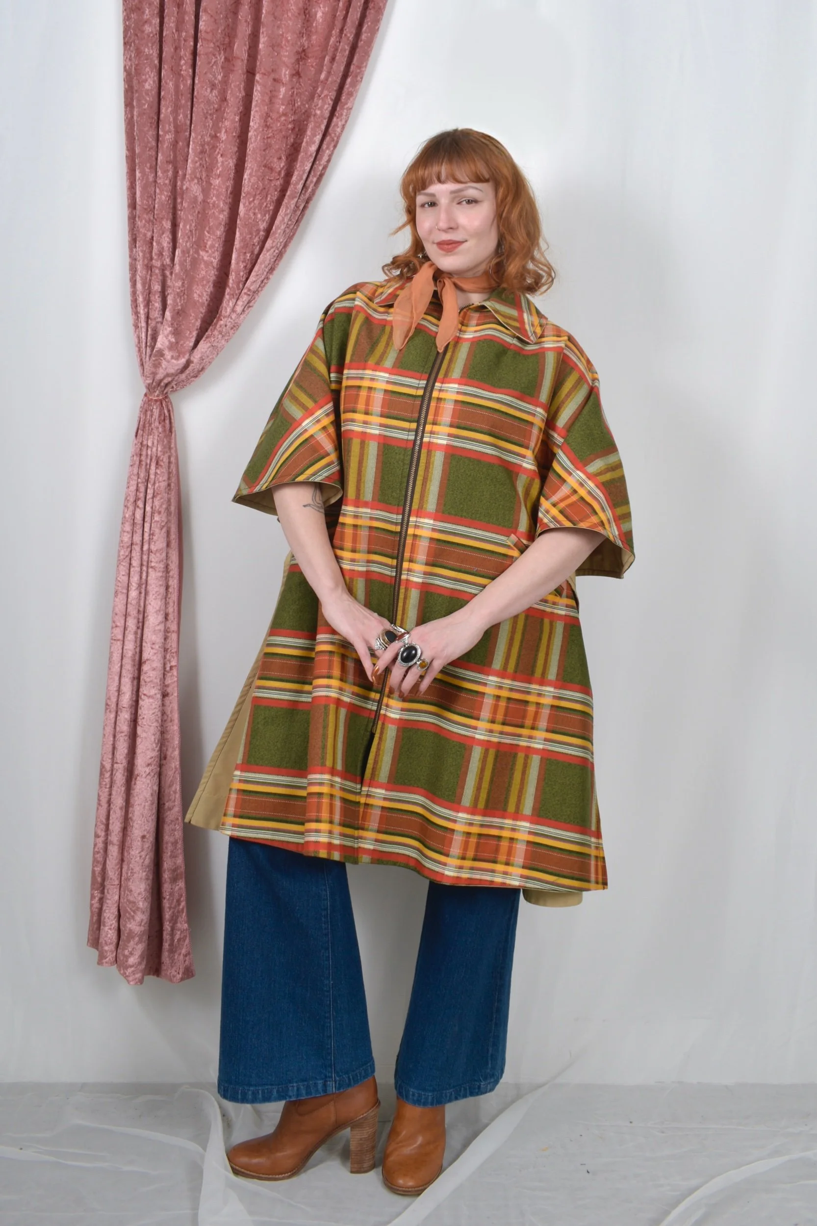 1970s plaid cotton reversible poncho cape jacket