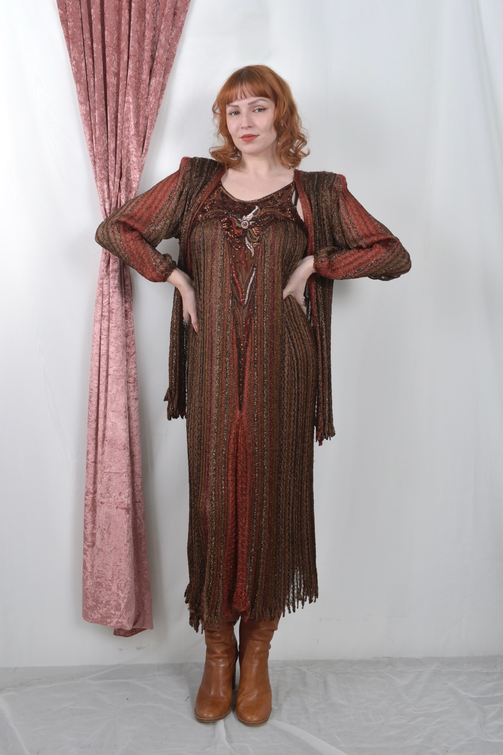 1970s 1980s Mali Firenze art to wear brown knit dress and jacket set