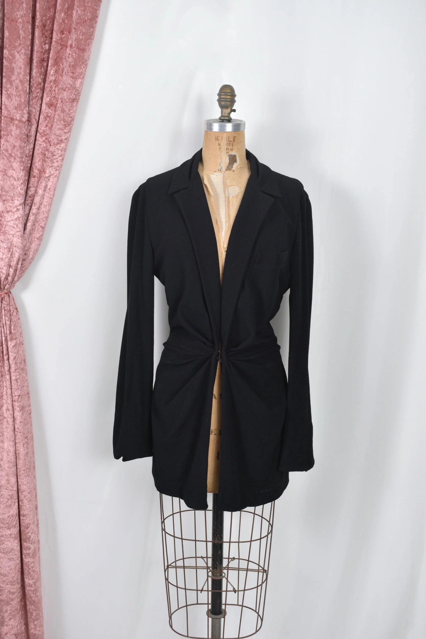 90s DOnna Karan black ruched wool crepe blazer jacket