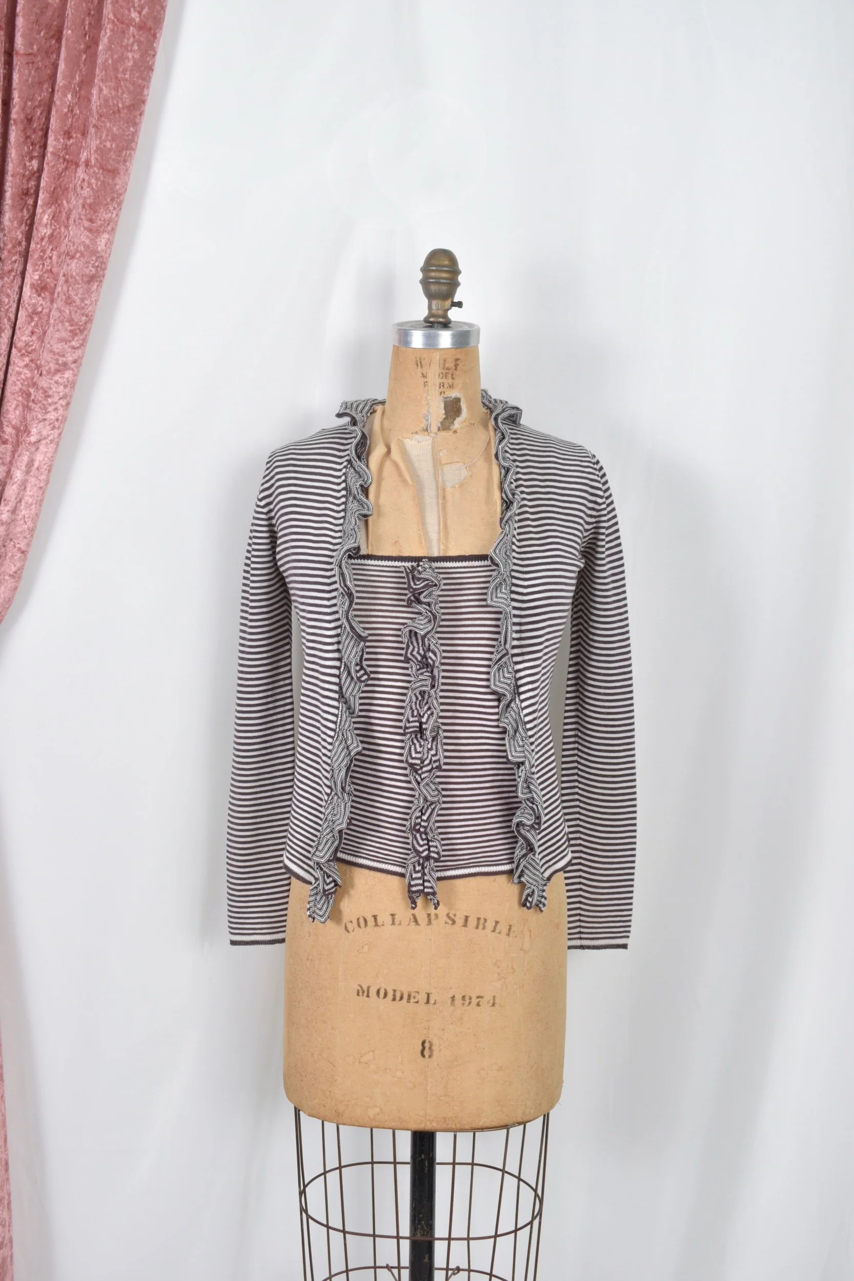 90s Valentino white and brown striped cotton knit twinset tank and cardigan