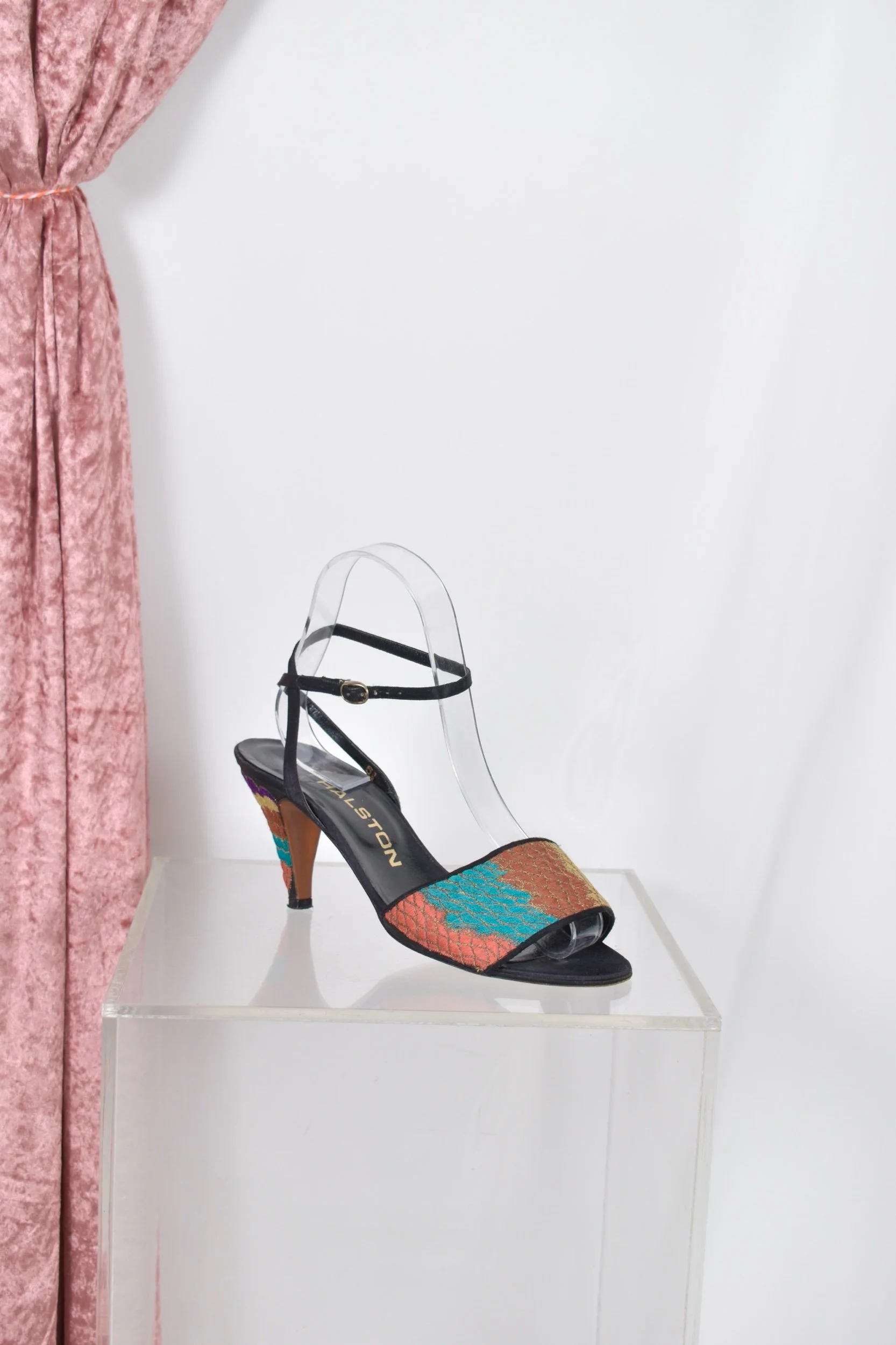 1970s Halston embroidered ankle wrap kitten heel sandals