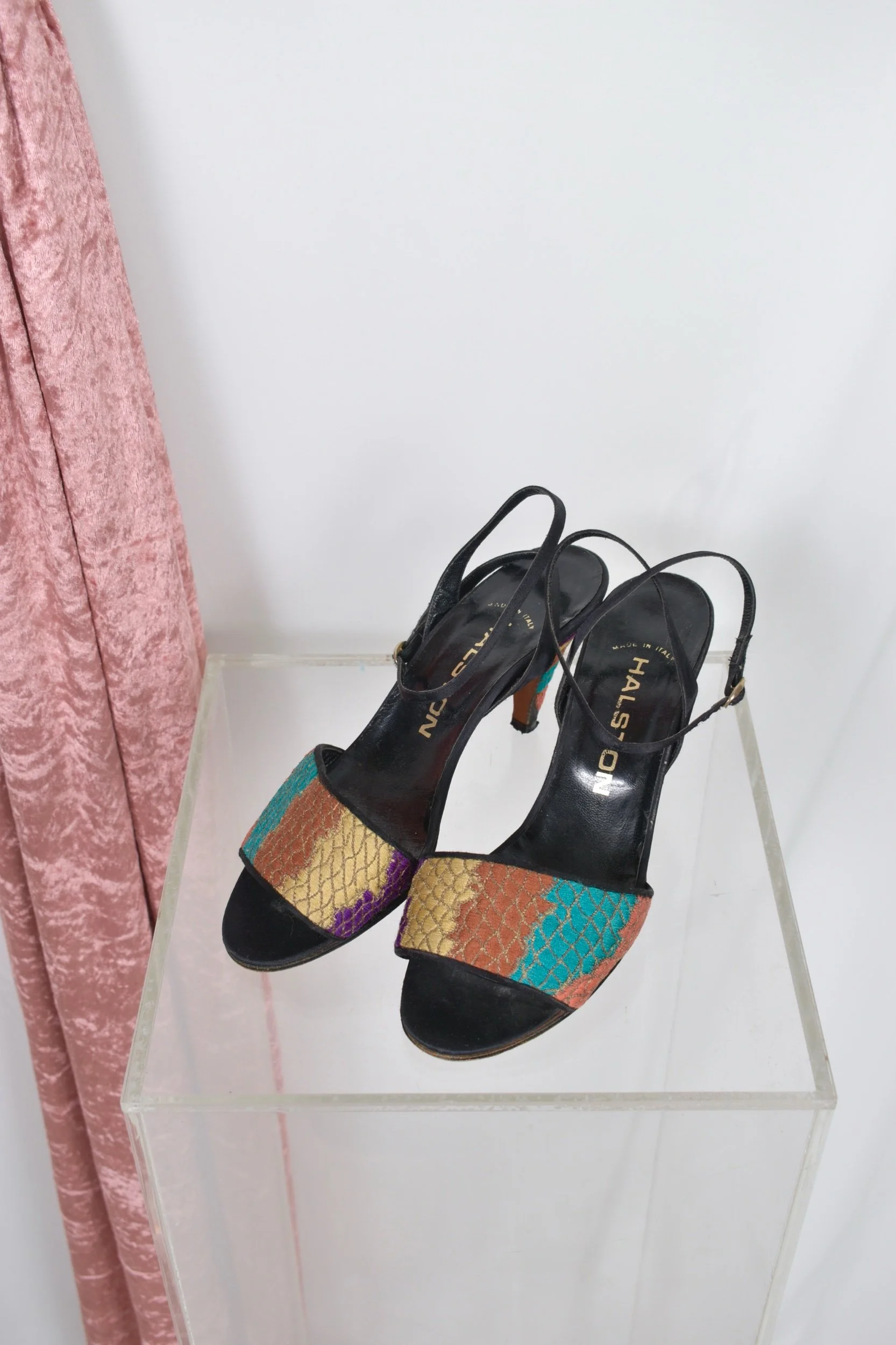 1970s Halston embroidered ankle wrap kitten heel sandals