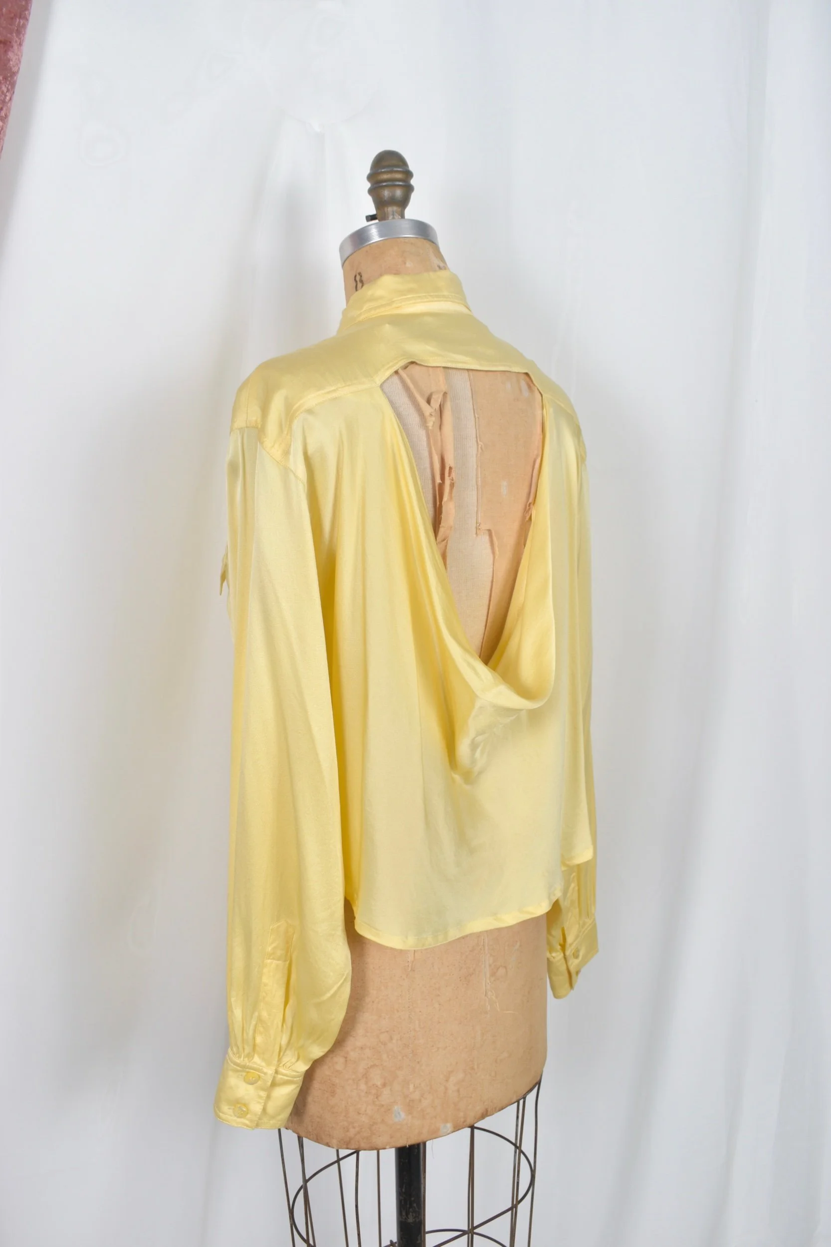 vintage 1980s escada yellow silk blouse with drapey back cutout