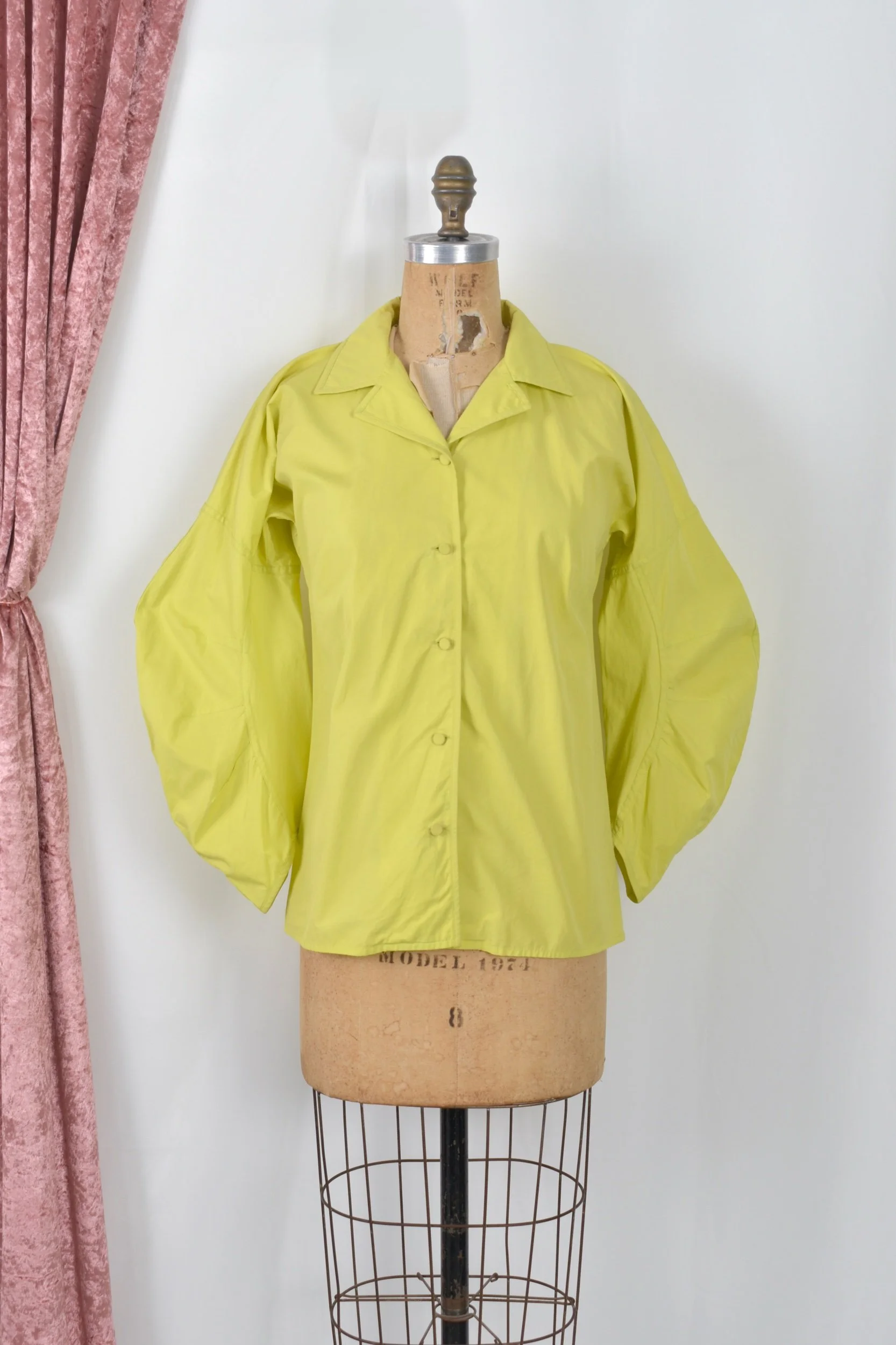 90s Prada bright yellow green cotton button up blouse with structured exaggerated sleeves