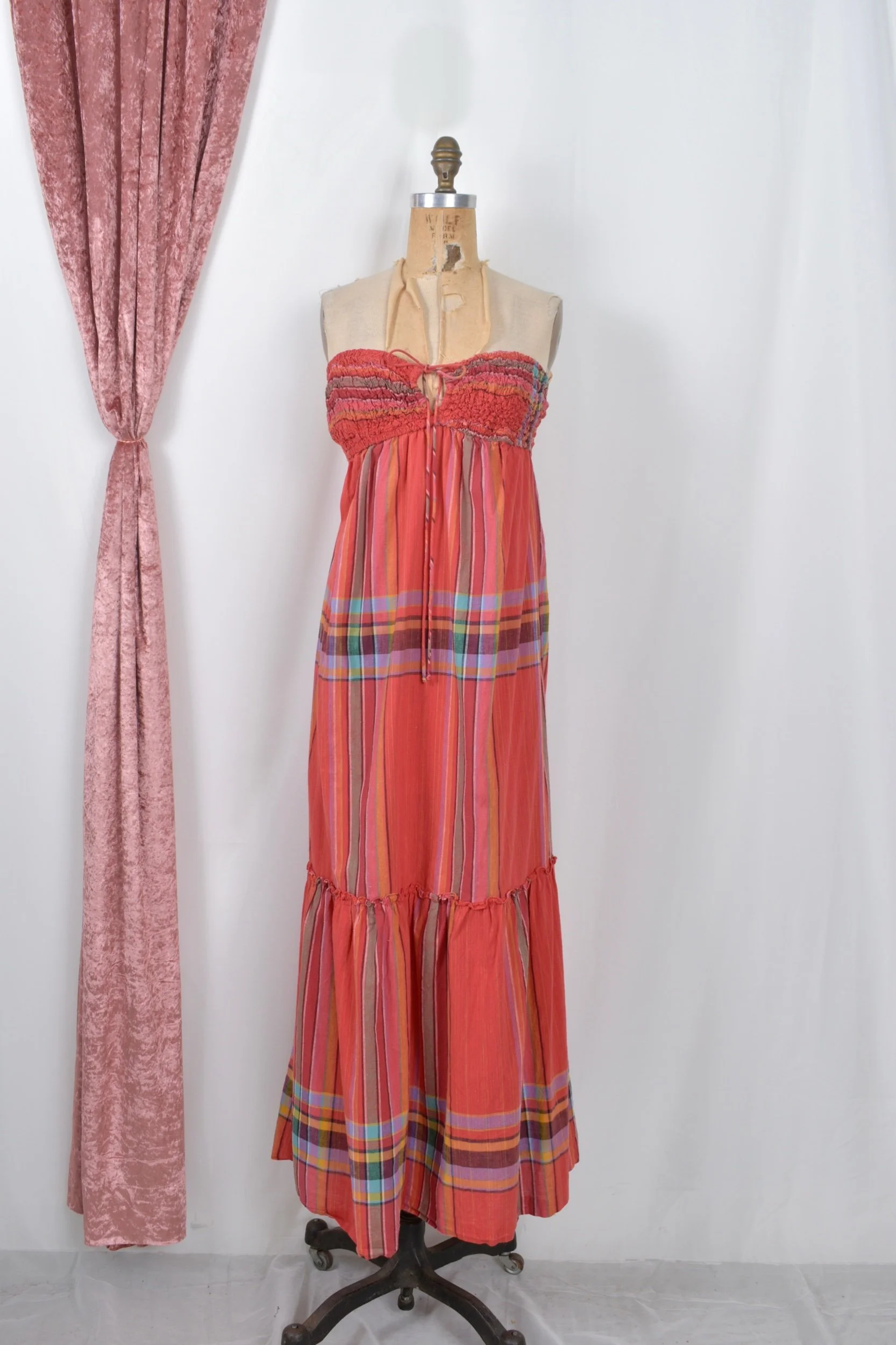 1970s patti cappalli plaid cotton strapless maxi dress
