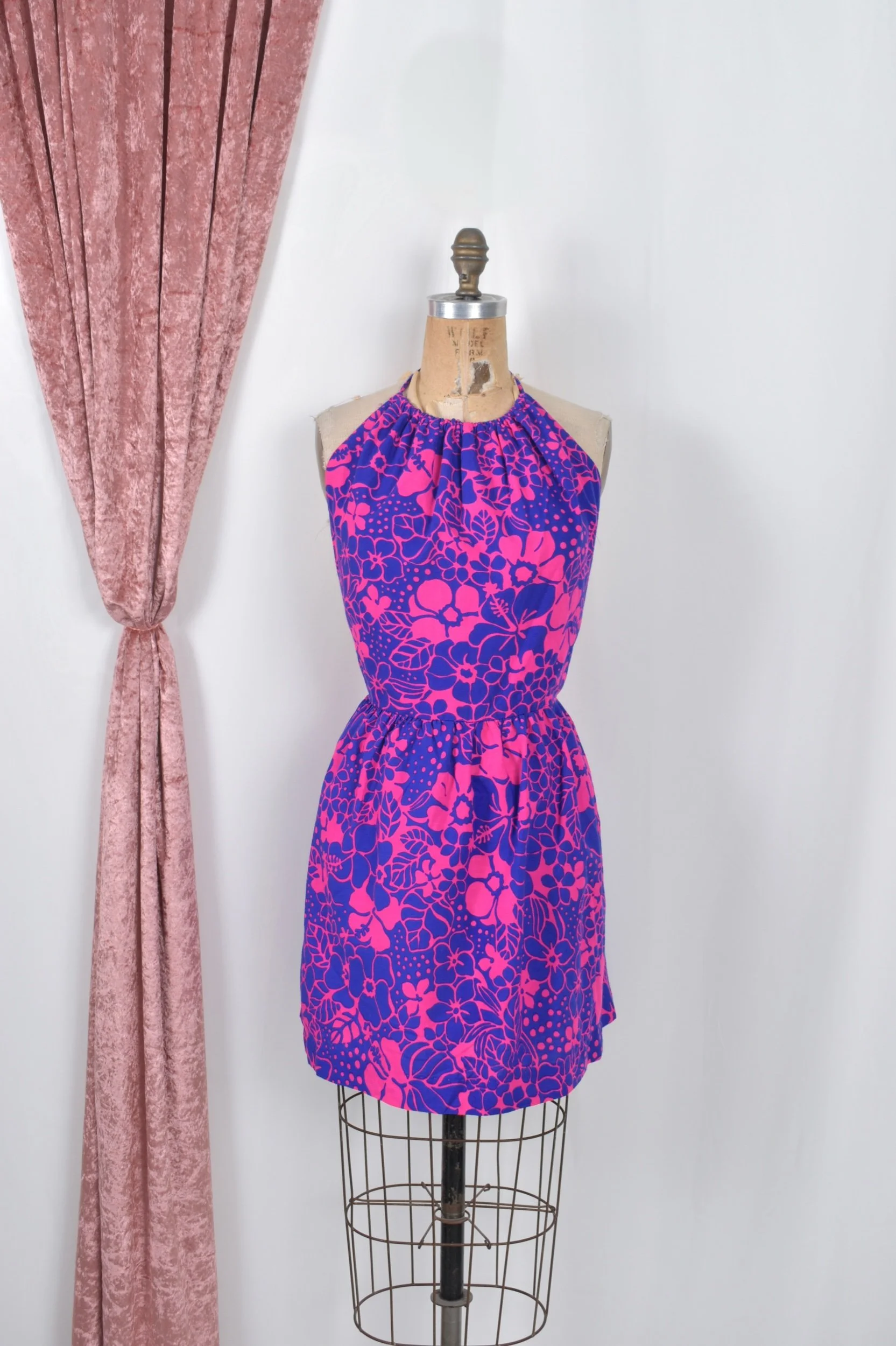 1960s Sears pink purple hawaiian floral halter mini dress