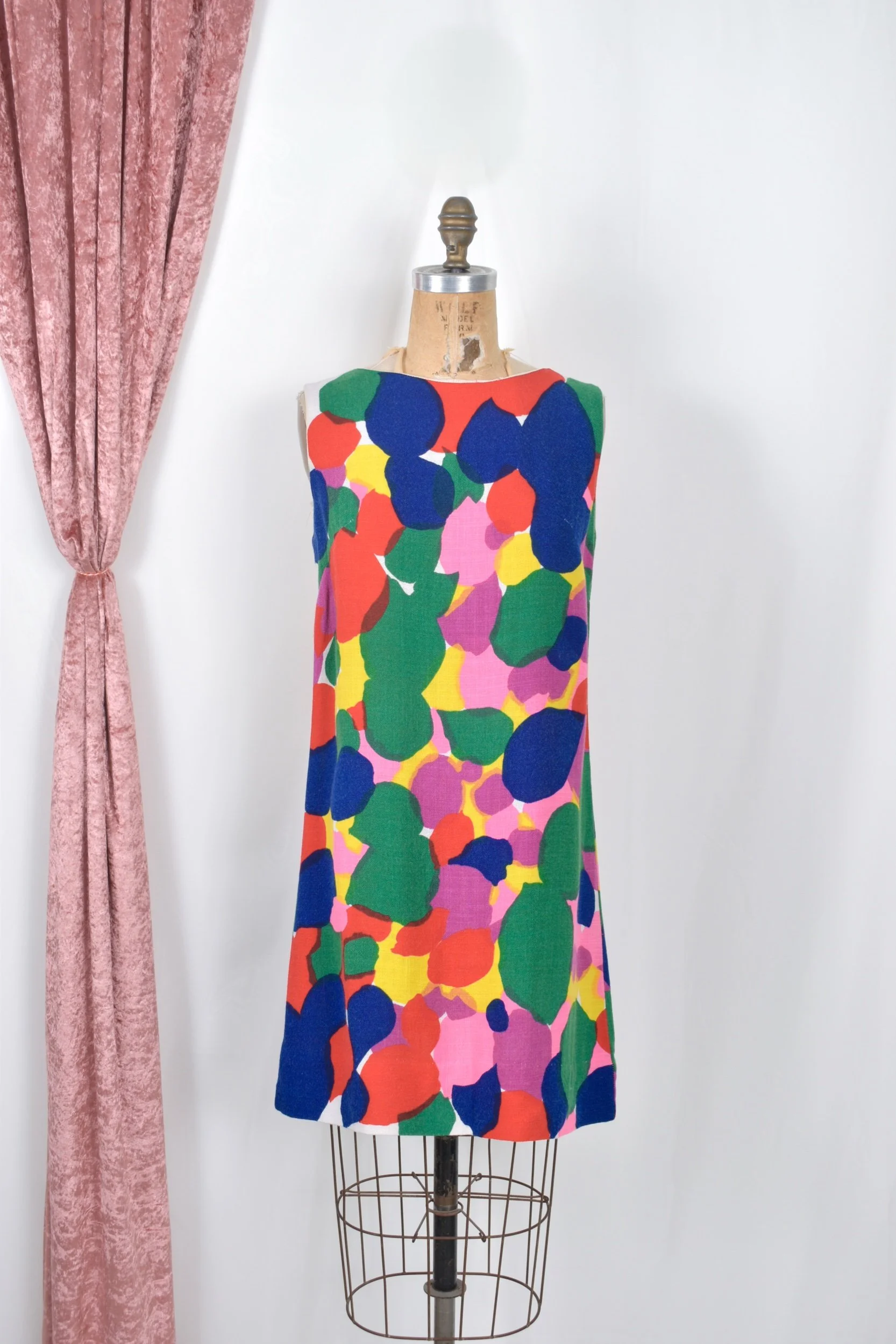1960s bright floral print linen mini shift dress