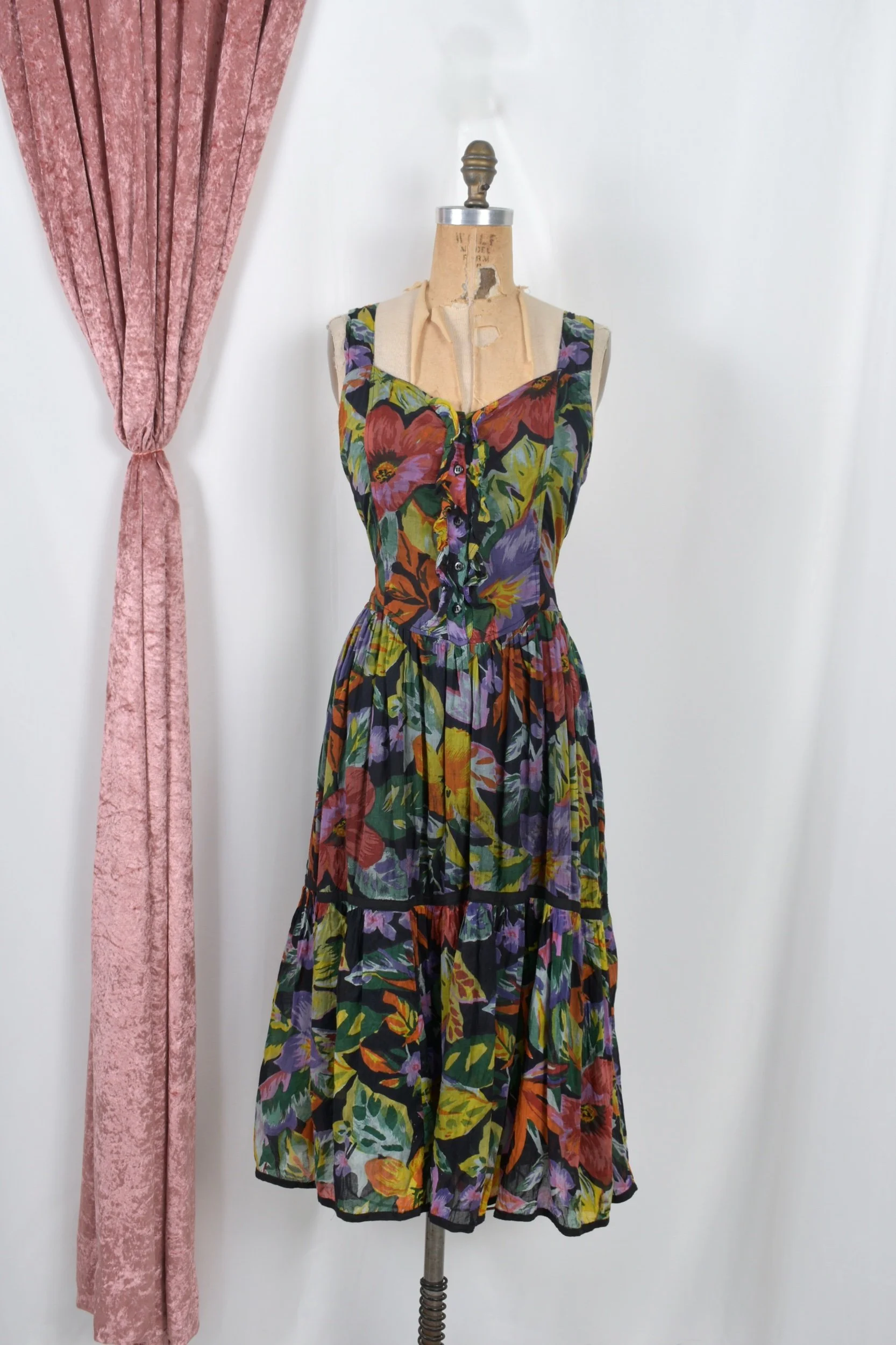 1980s indian cotton dark floral sundress