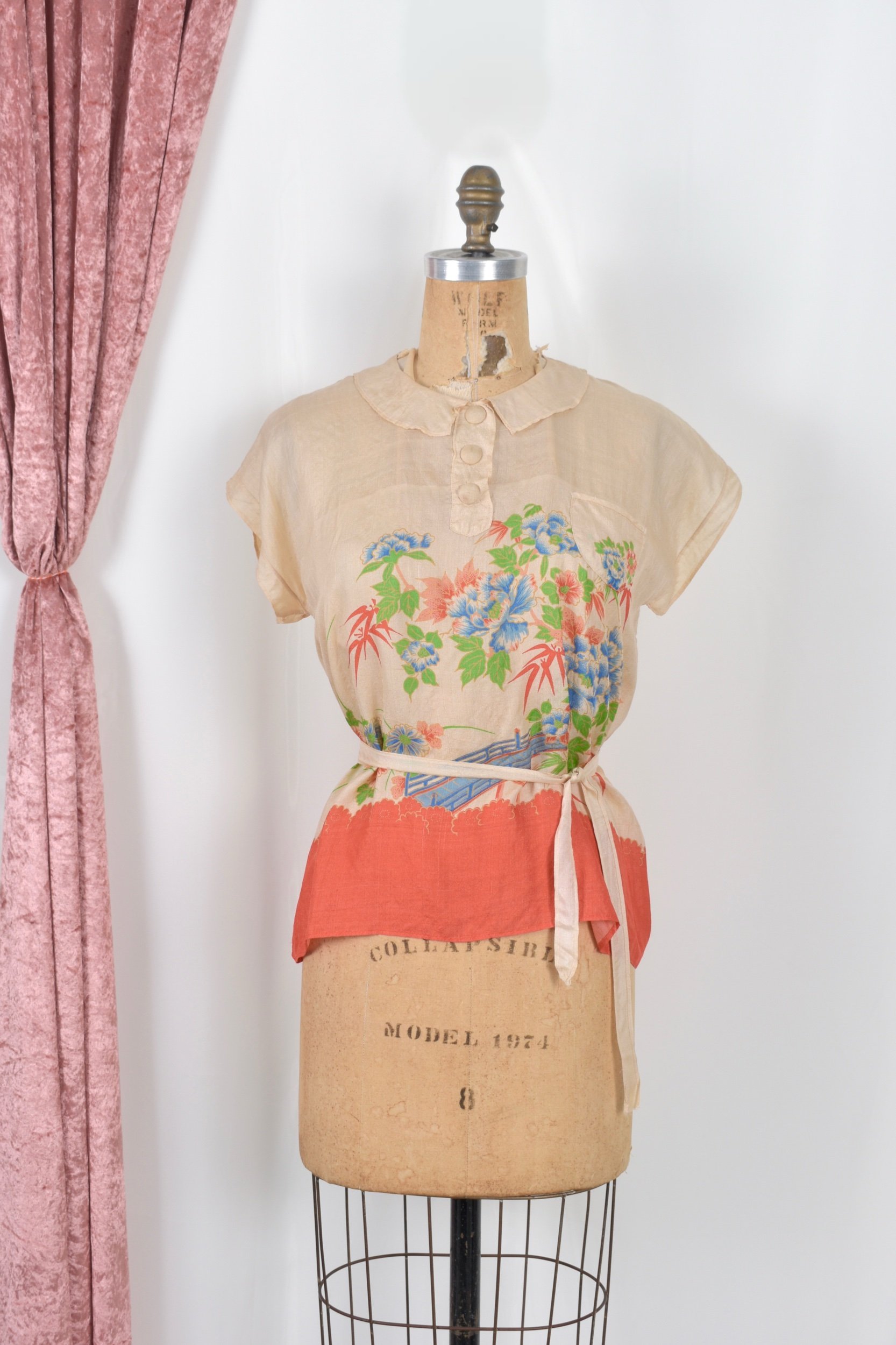 1920s pongee silk floral top