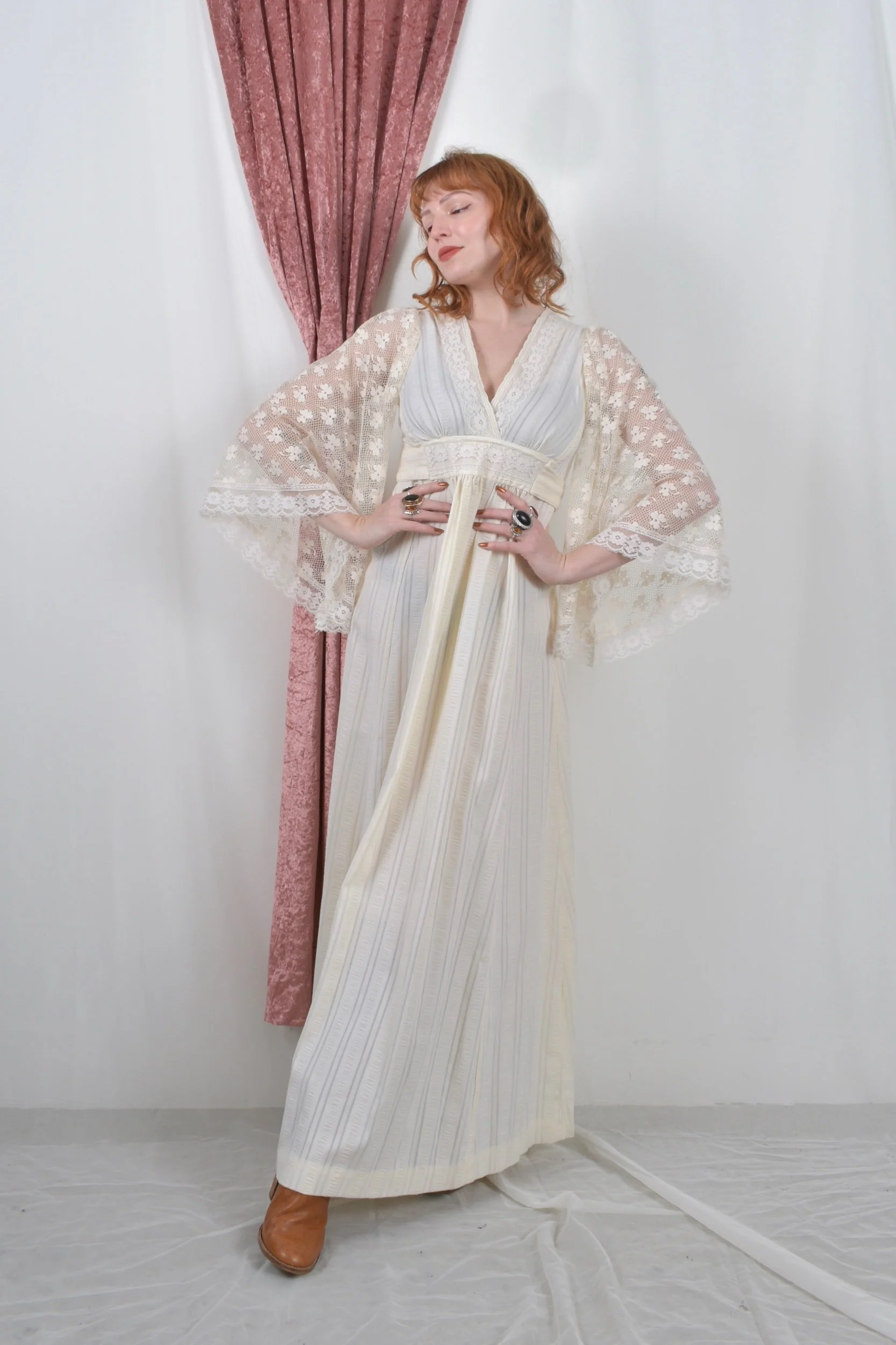 1970s white ivory cream lace angel sleeve maxi dress