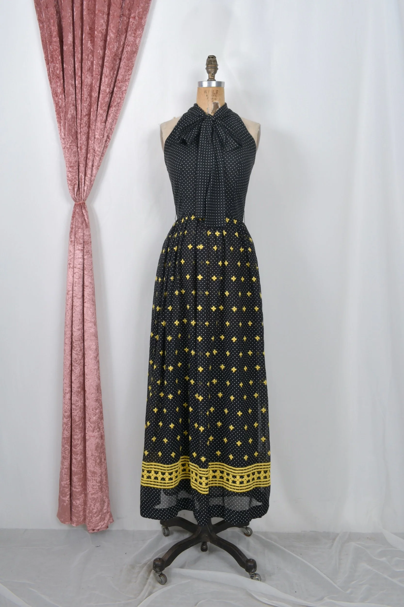 1970s black polka dot cotton halter maxi dress