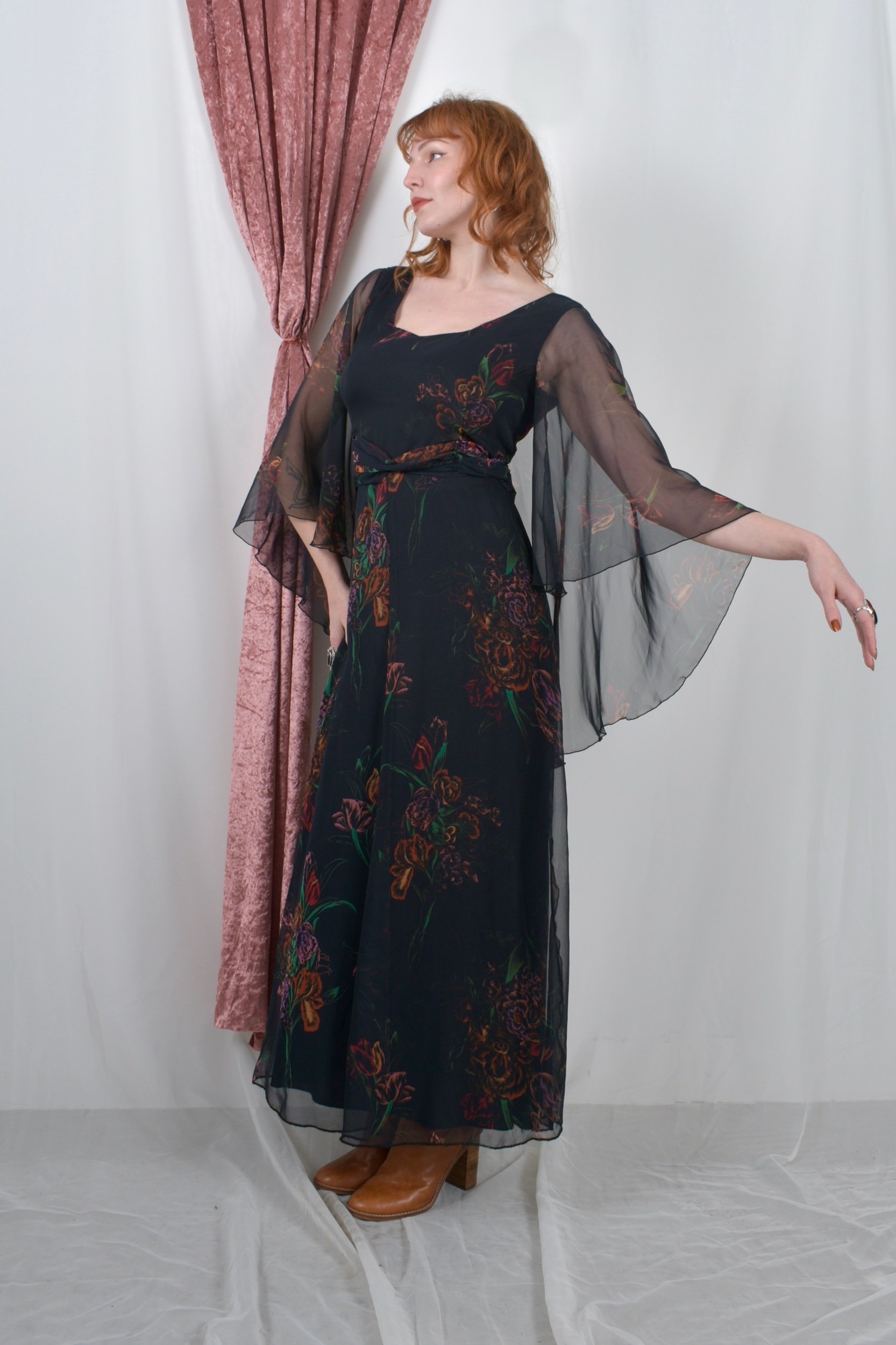 1970s black floral print chiffon maxi dress with cape overlay