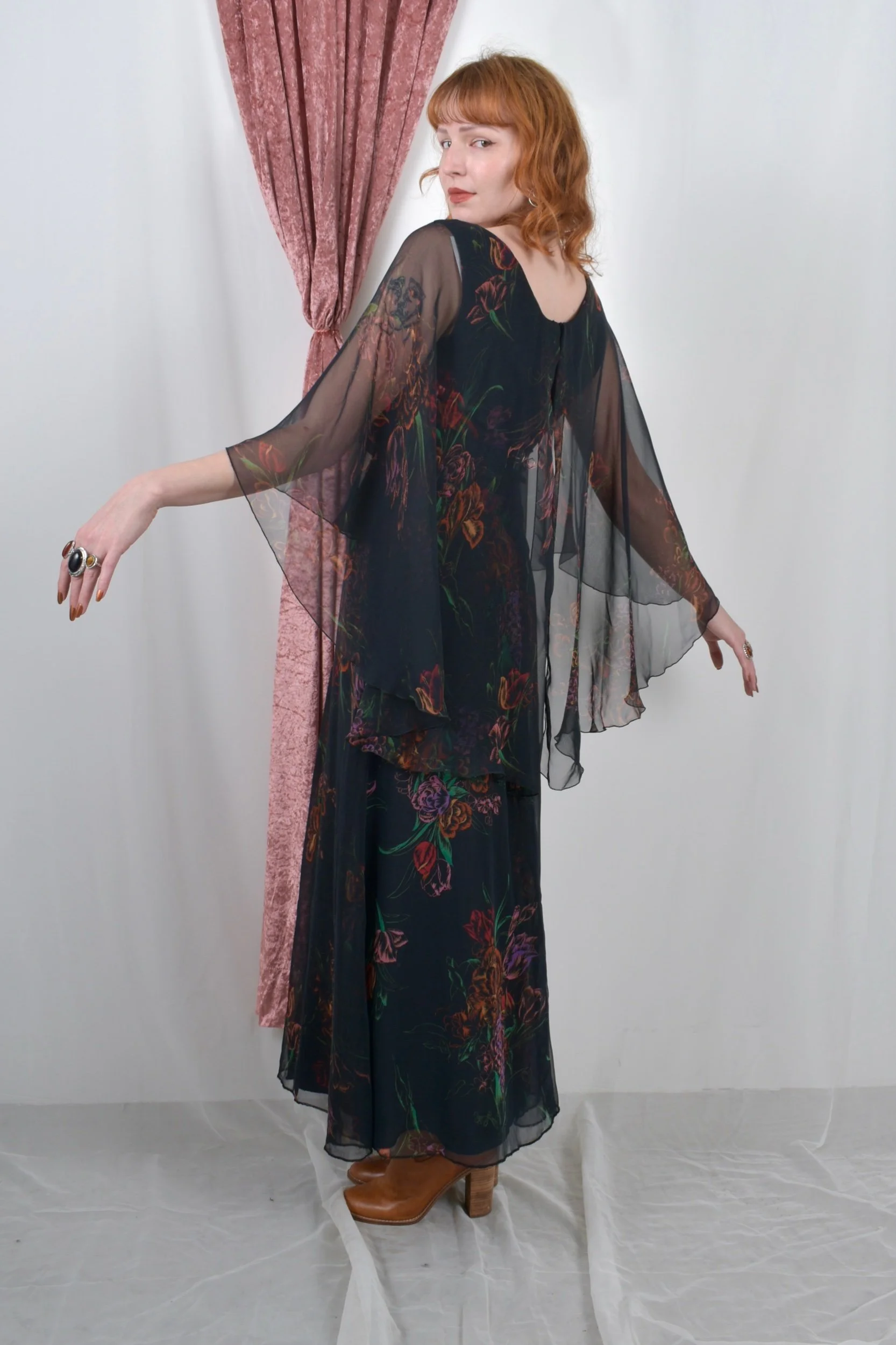 1970s black floral print chiffon maxi dress with cape overlay