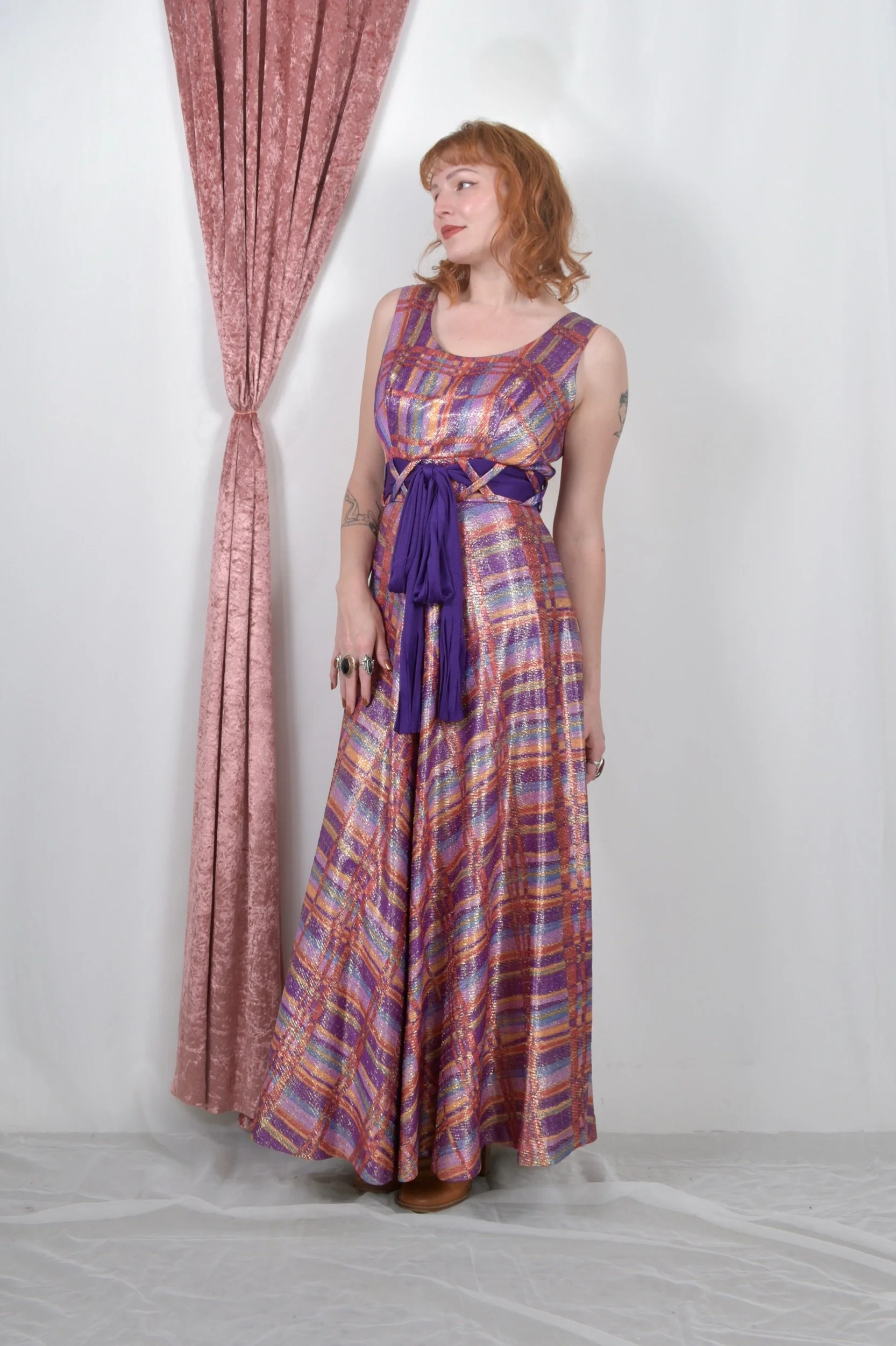 1970s futura couture purple plaid lurex metallic gown