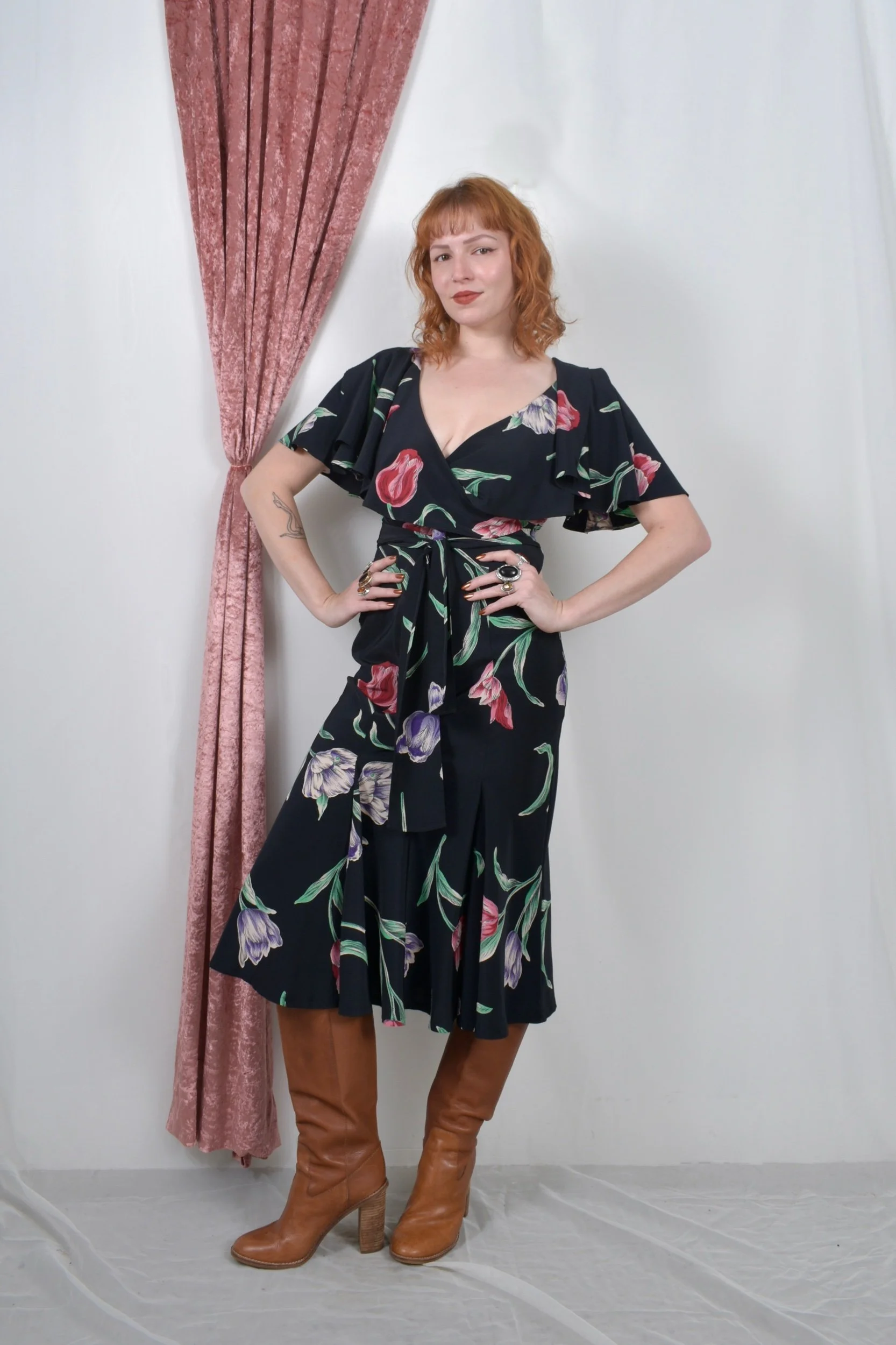 1980s norma kamali dark floral print bias cut dress