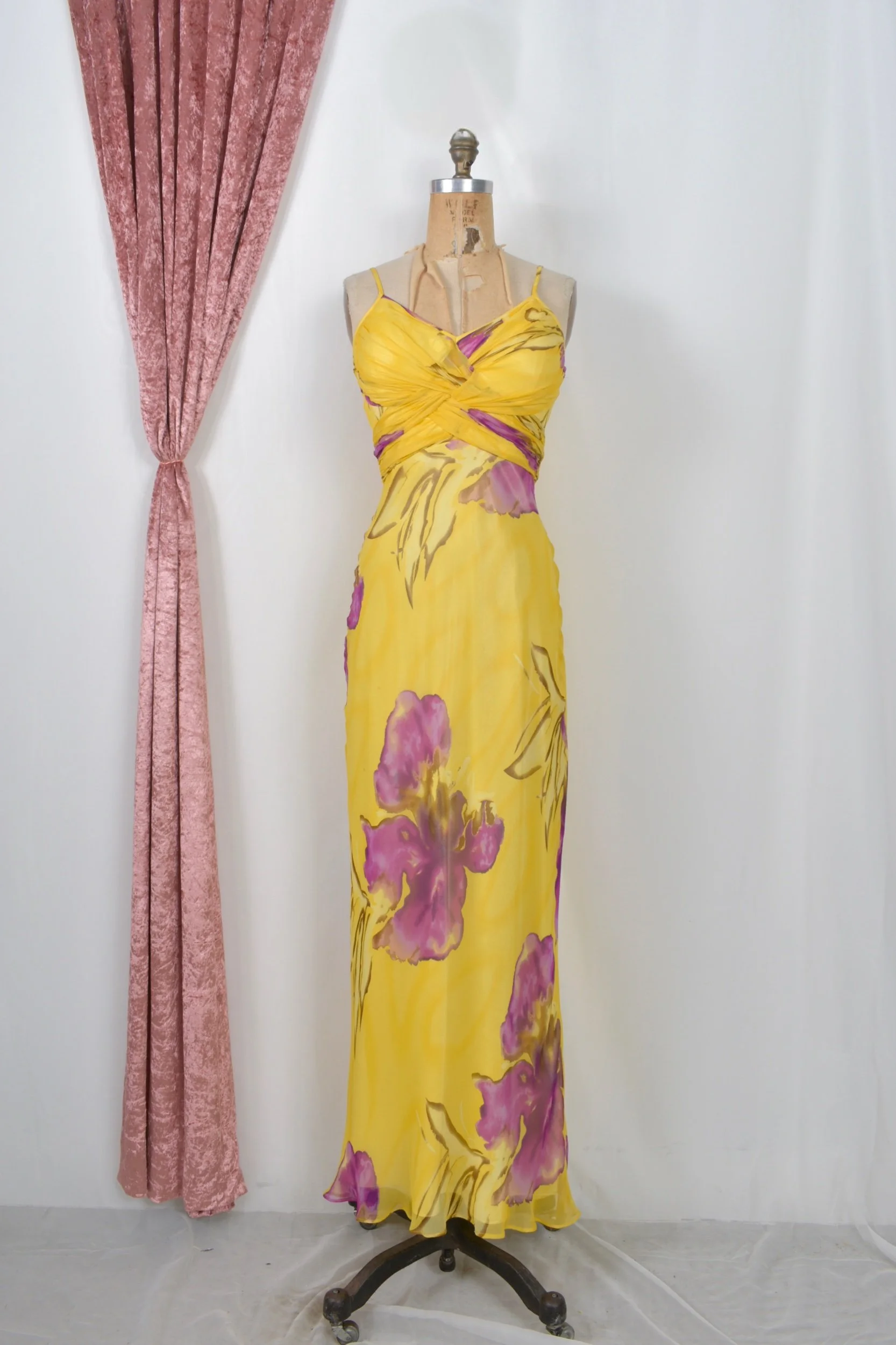 y2k 2000s yellow iris floral print silk gown
