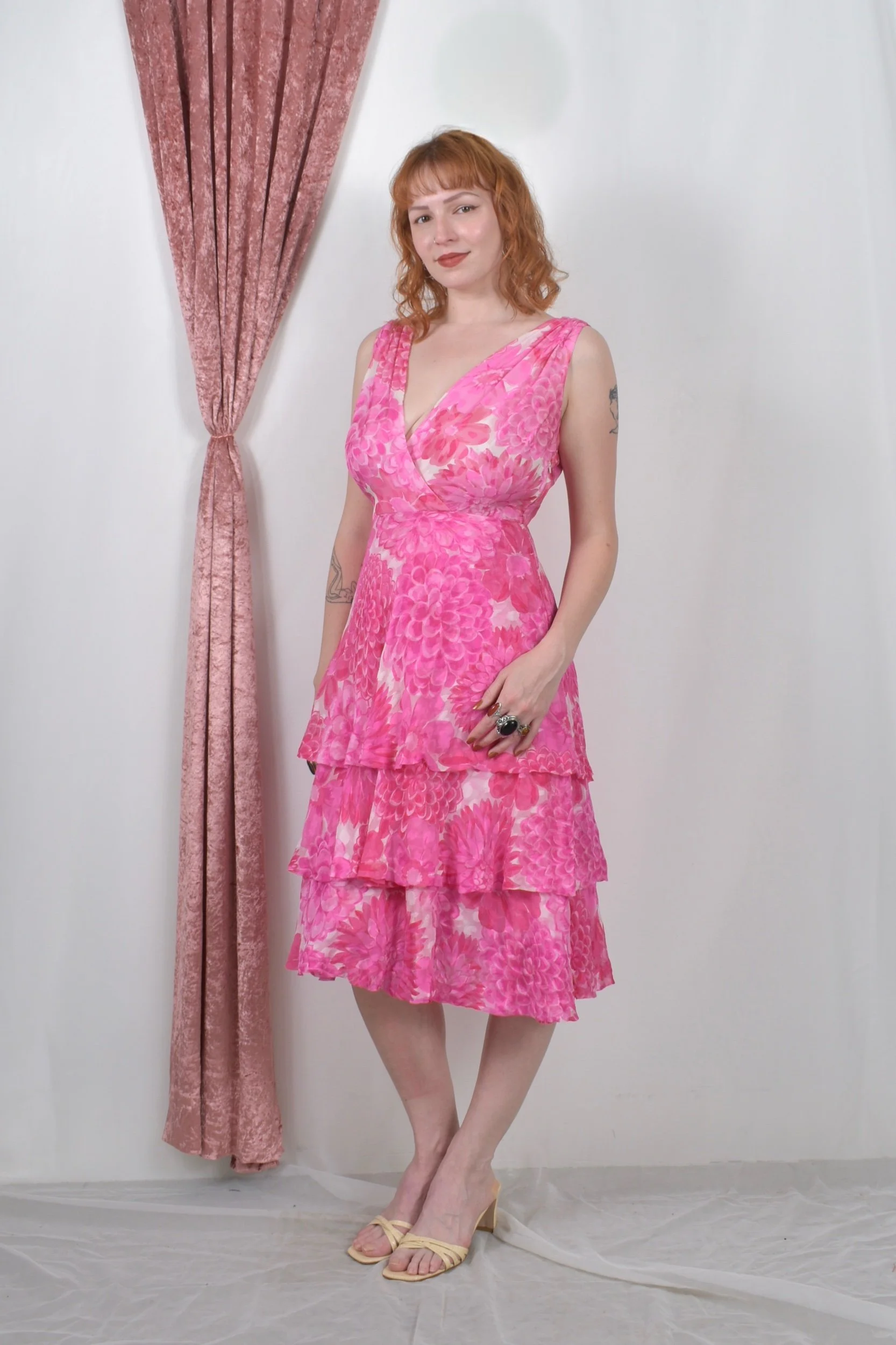 1960s bright pink floral silk party dress