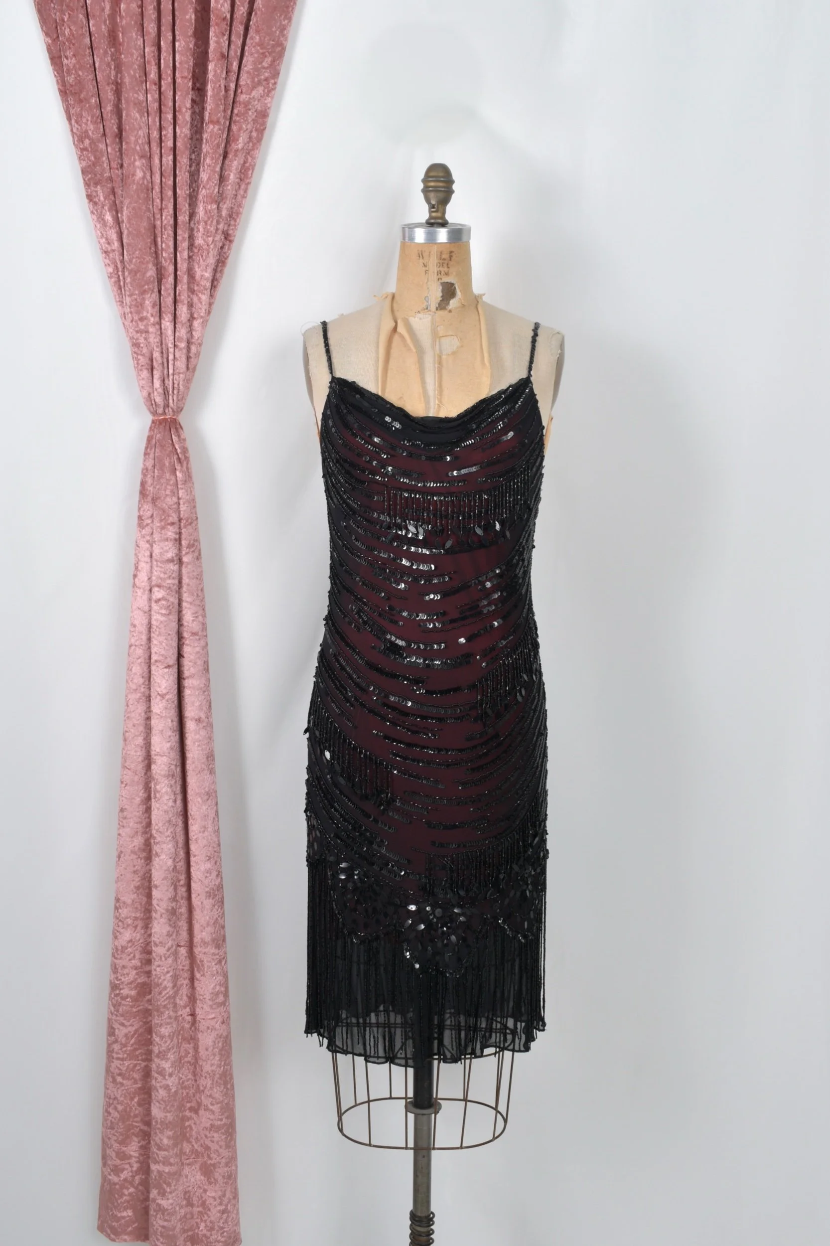 1990s y2k sue wong black silk beaded bias cut dress