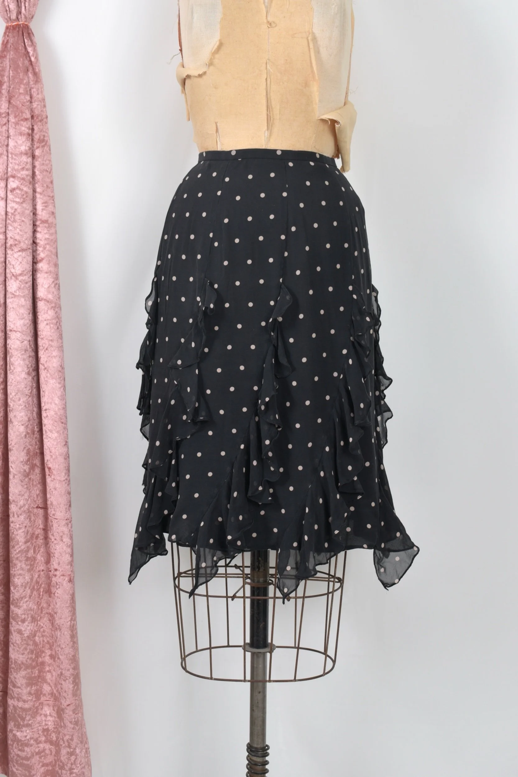 y2k black silk polka dot ruffle skirt