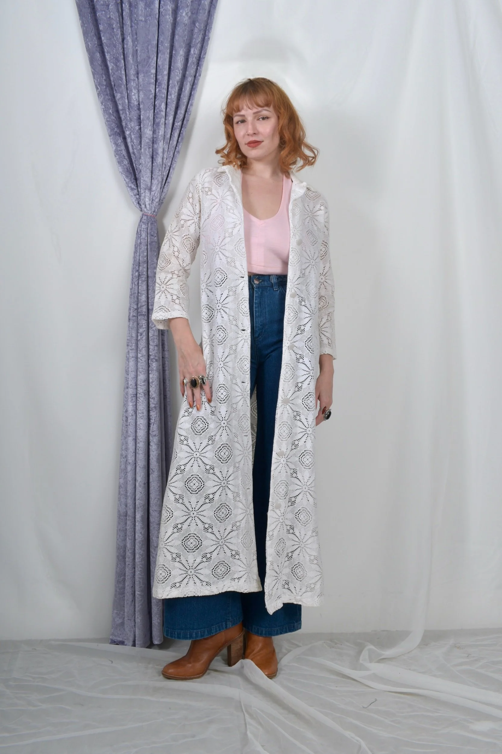 1970s white ivory cream cotton lace maxi dress duster jacket