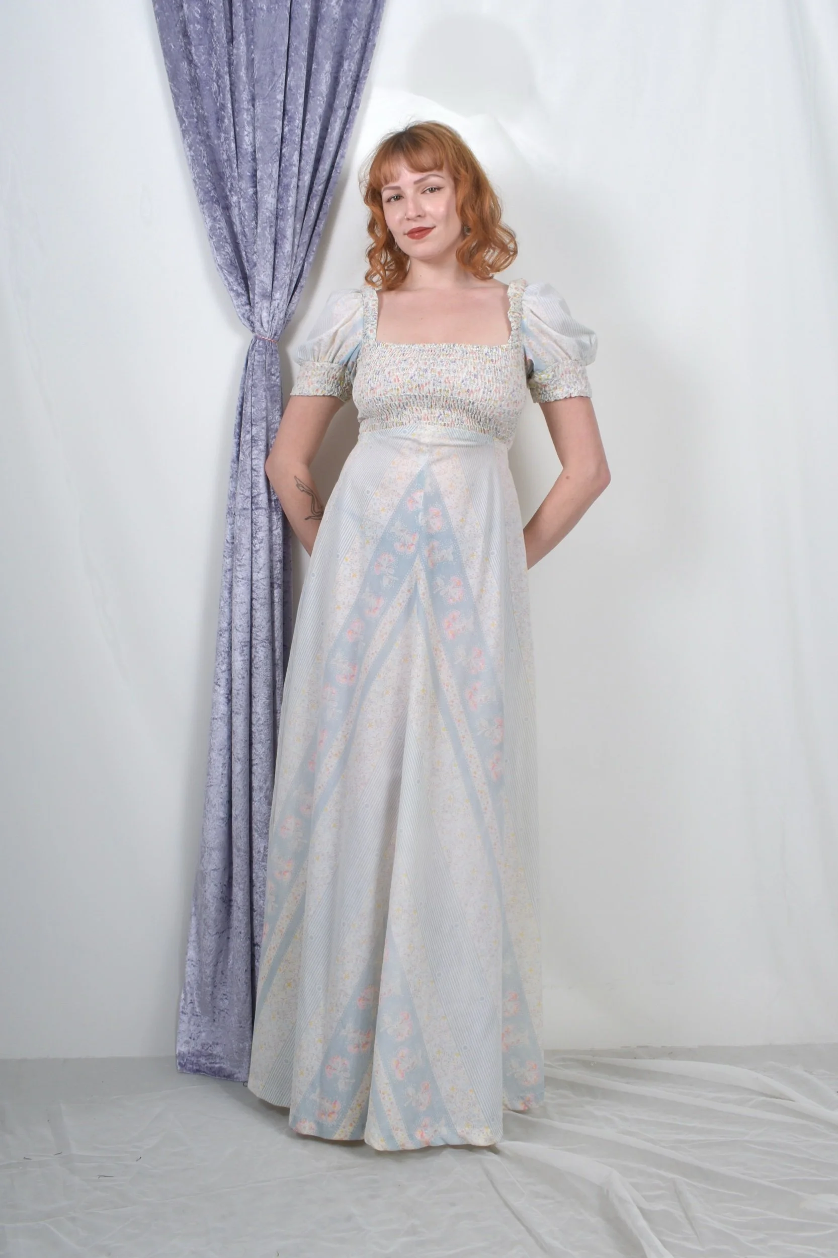 1970s Jody T pastel cotton puff sleeve floral maxi dress