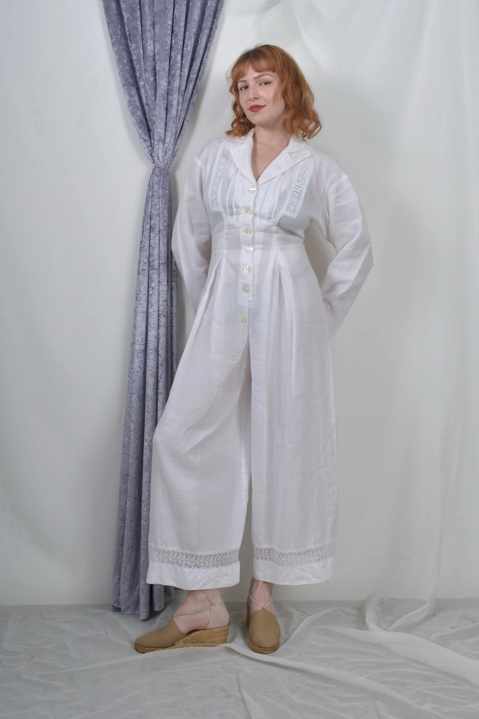1980s Karen Alexander white linen wide leg jumpsuit