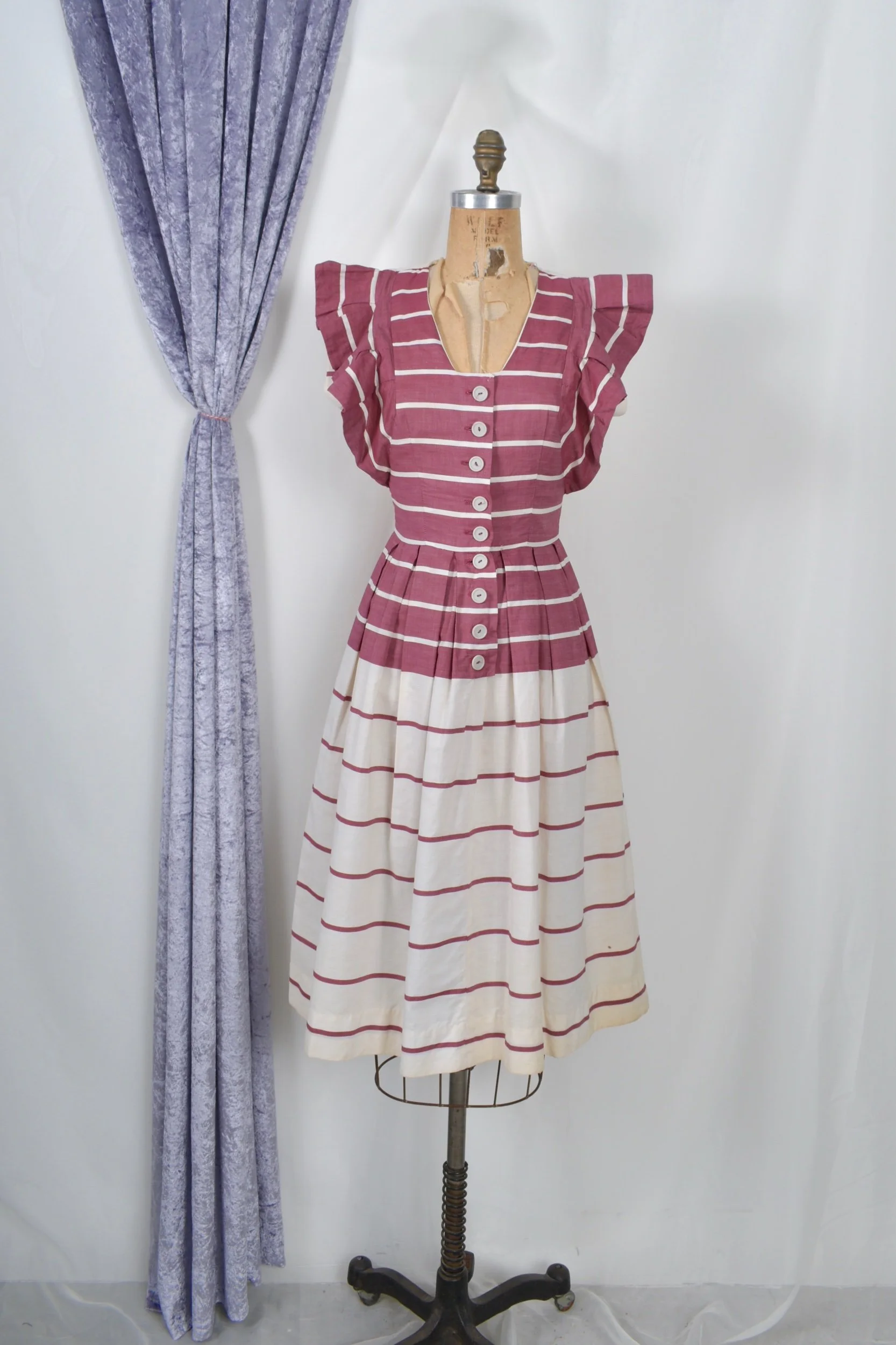 1940s burgundy and white striped cotton sundress with ruffled sleeves
