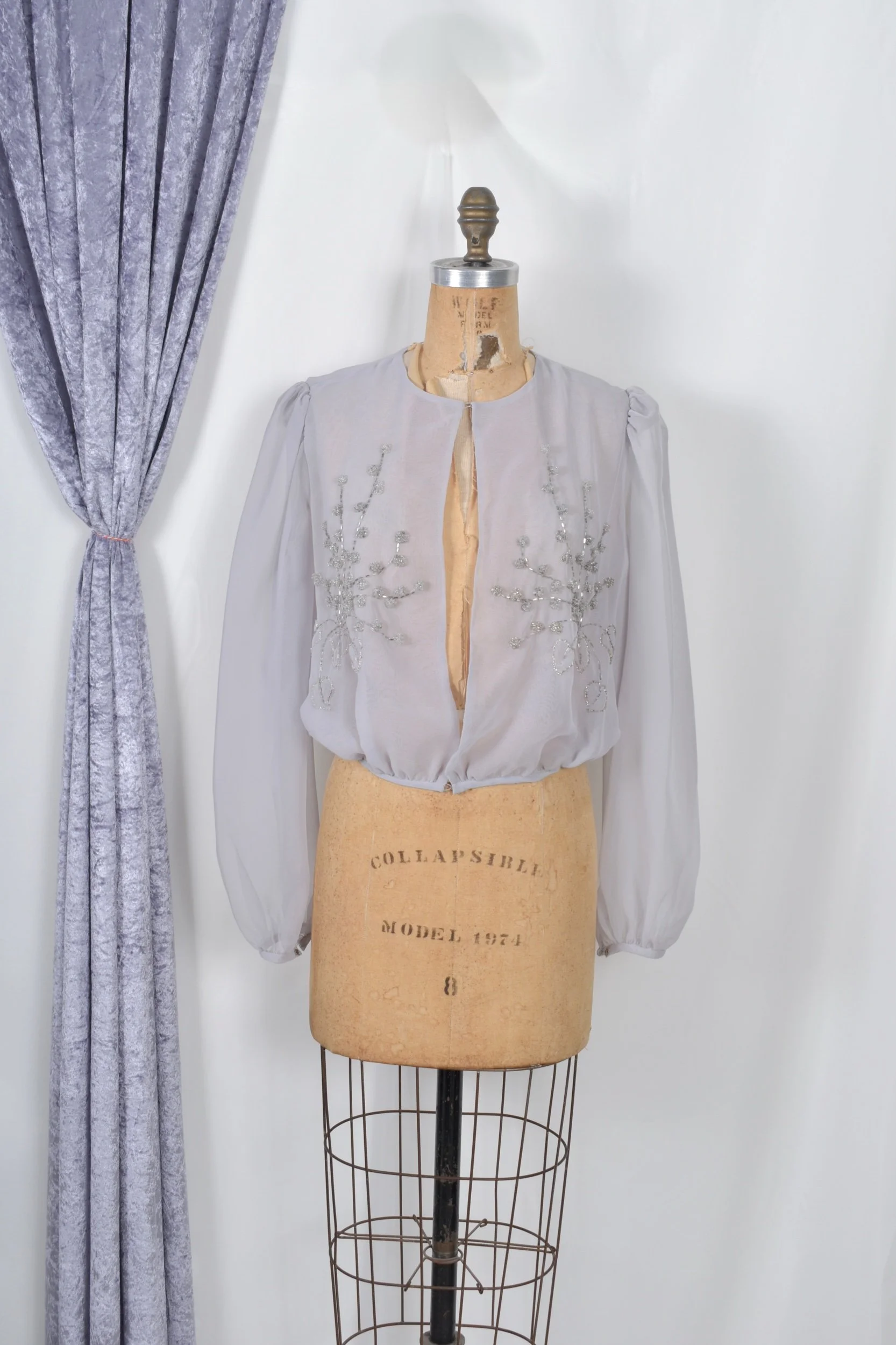 1950s dove gray sheer nylon blouse with floral beading