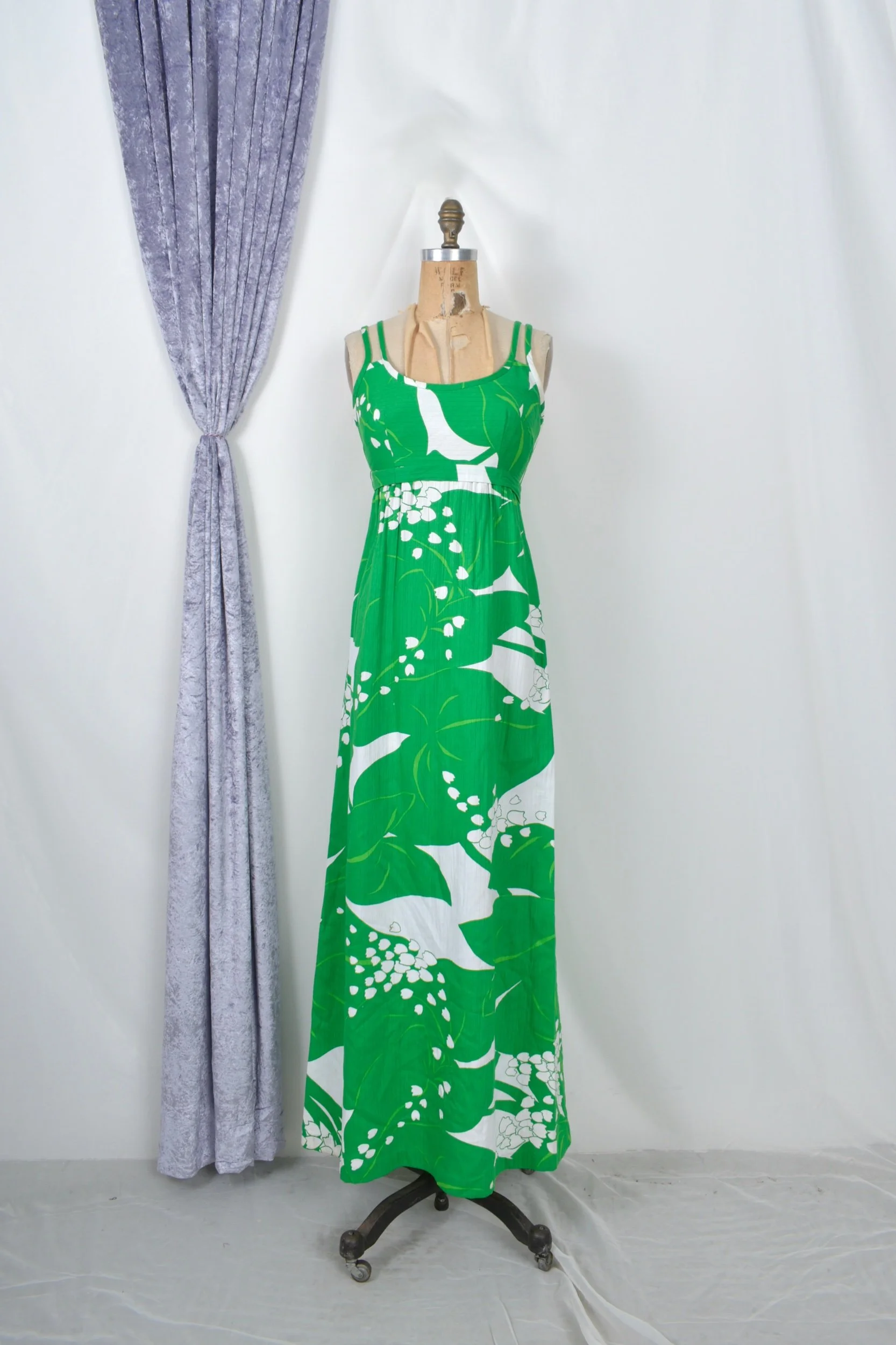 1970s malia honalulu hawaiian print green cotton maxi dress