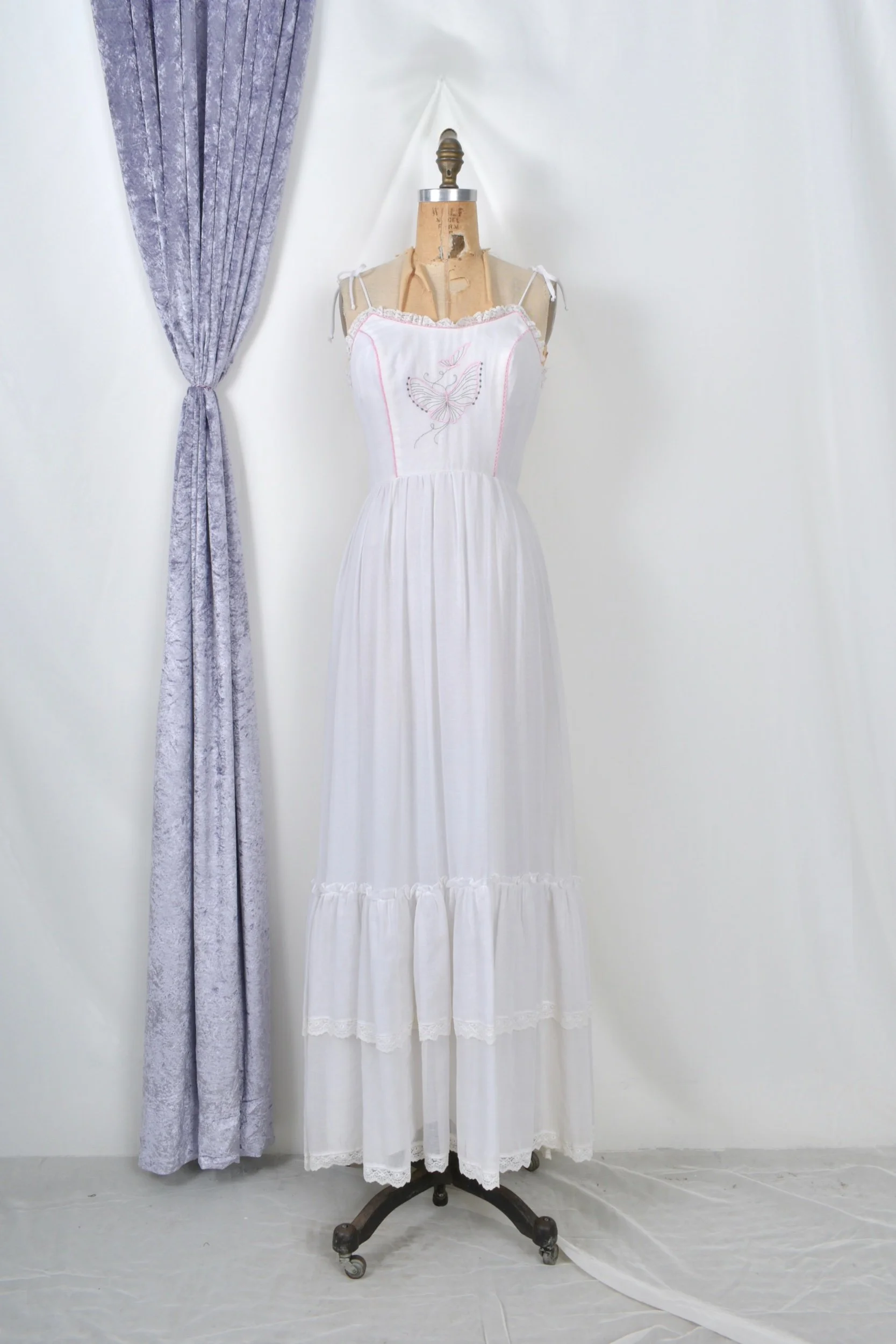 1970s Candi Jones white cotton prarie maxi dress with butterfly embroidery