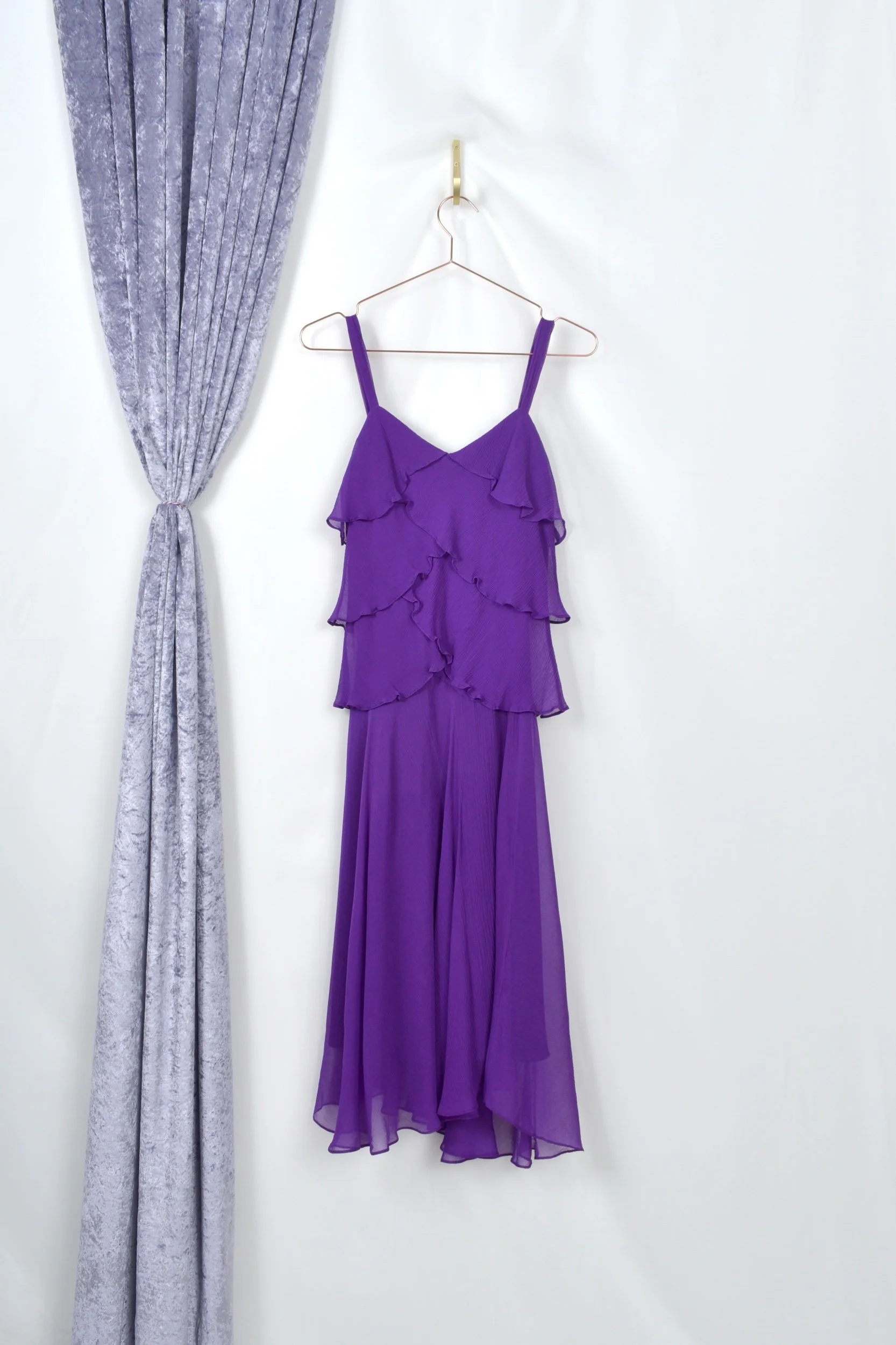 vintage y2k ralph lauren purple silk ruffle bias cut dress