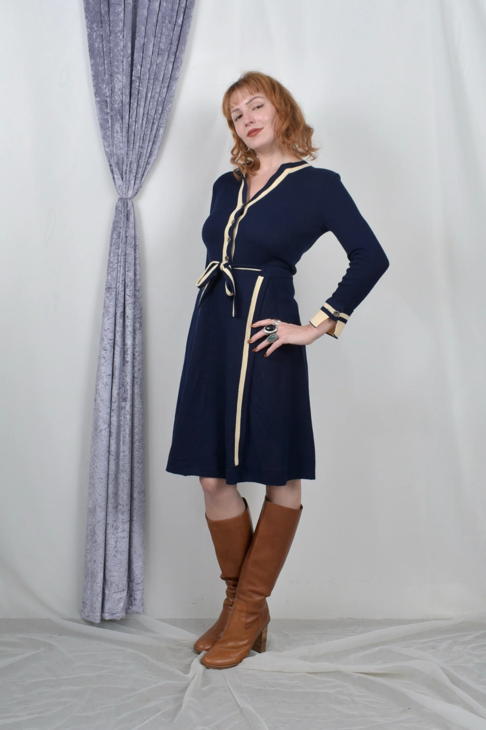 1970s crissa linea italiana navy blue knit sweater dress