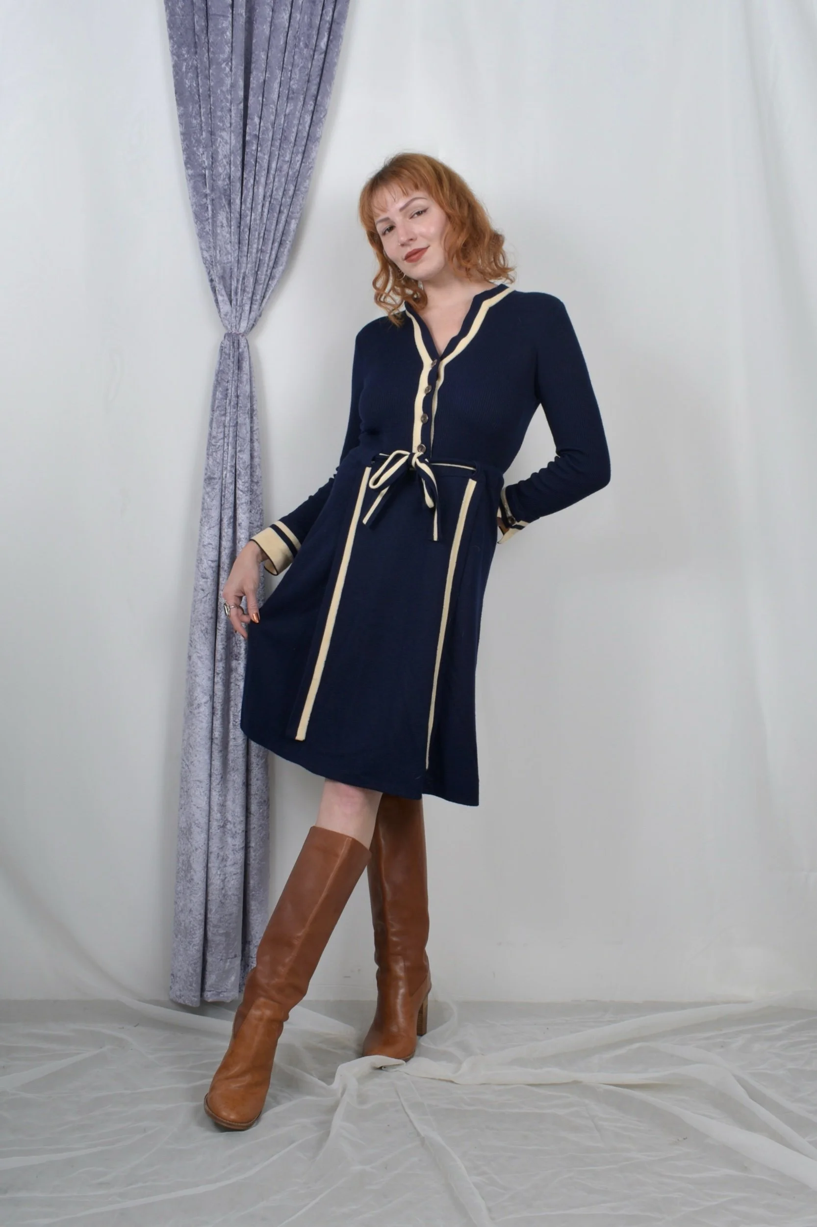 1970s crissa linea italiana navy blue knit sweater dress