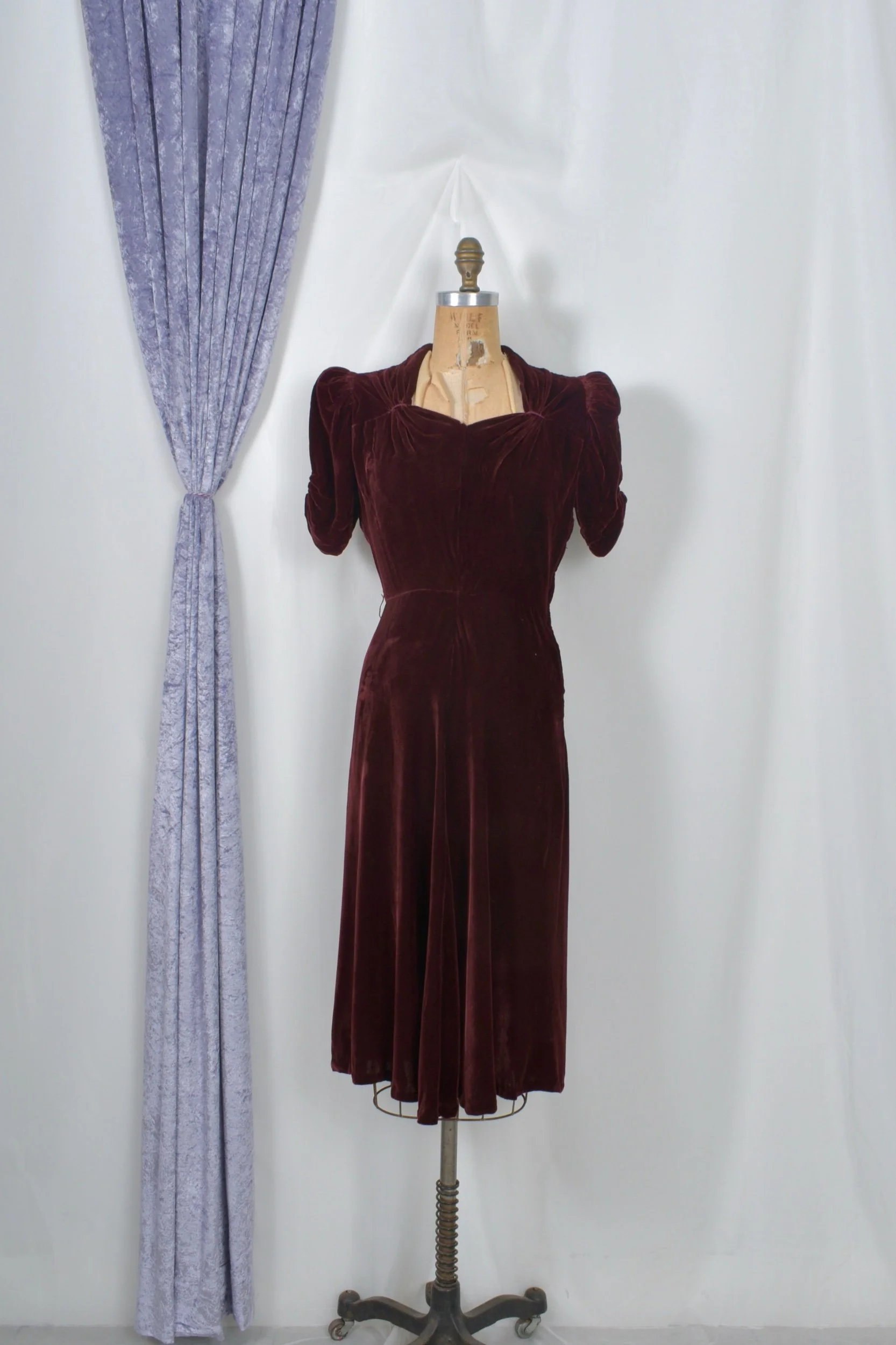1930s burgundy rayon velvet dress